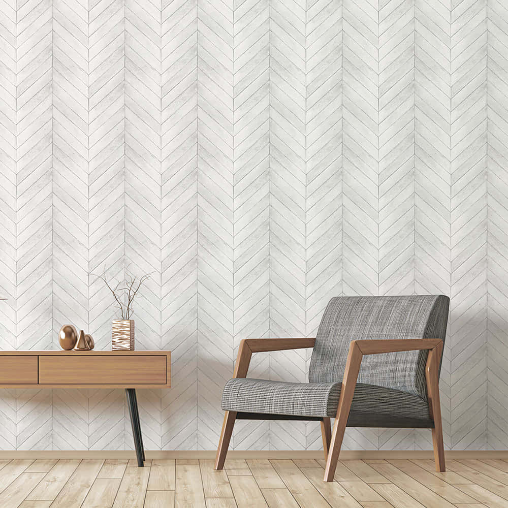 herringbone-patterned wallpaper, modern armchair, wooden console, SD Desktop Wallpaper