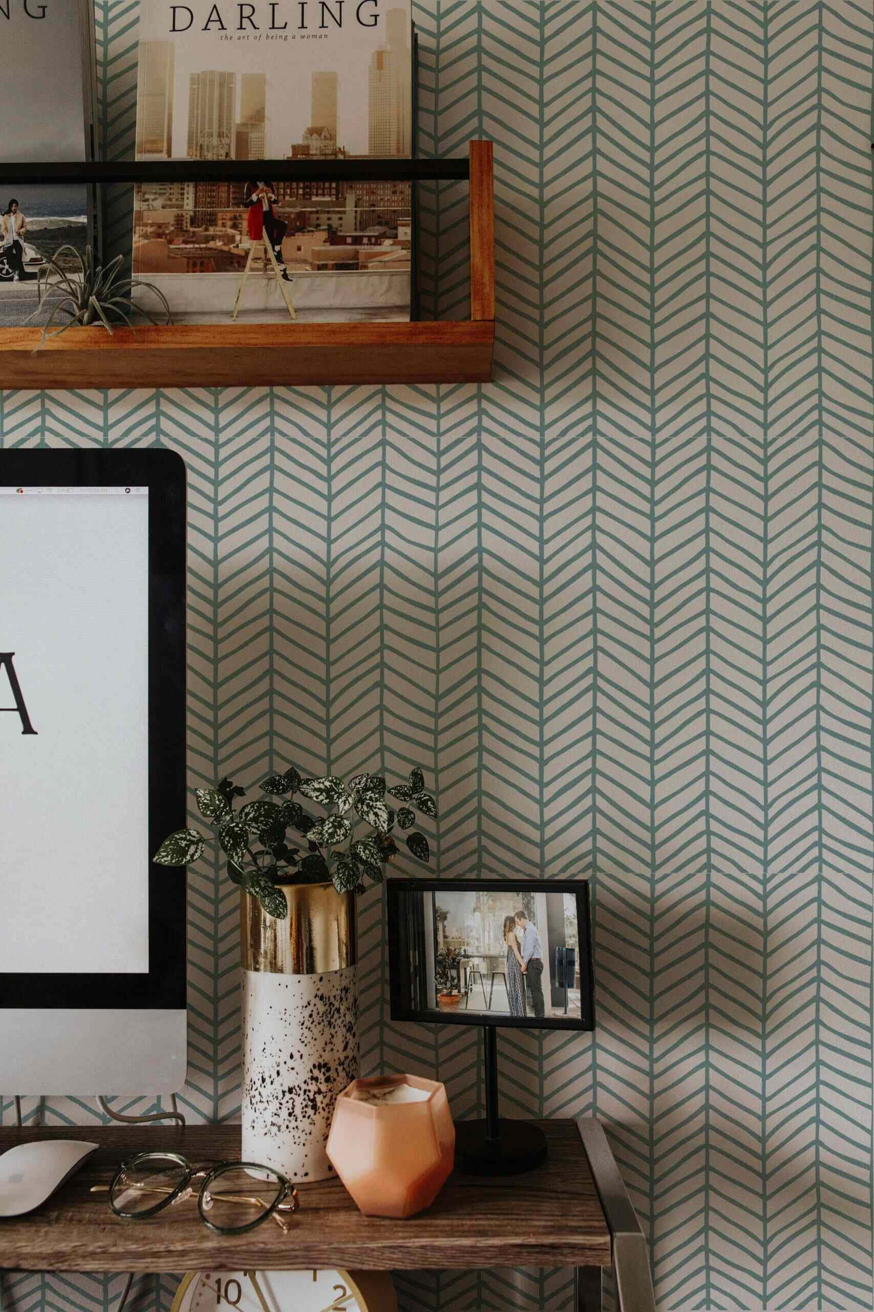 herringbone pattern, green herringbone patterned wallpaper, wooden shelf, 2K Phone Wallpaper