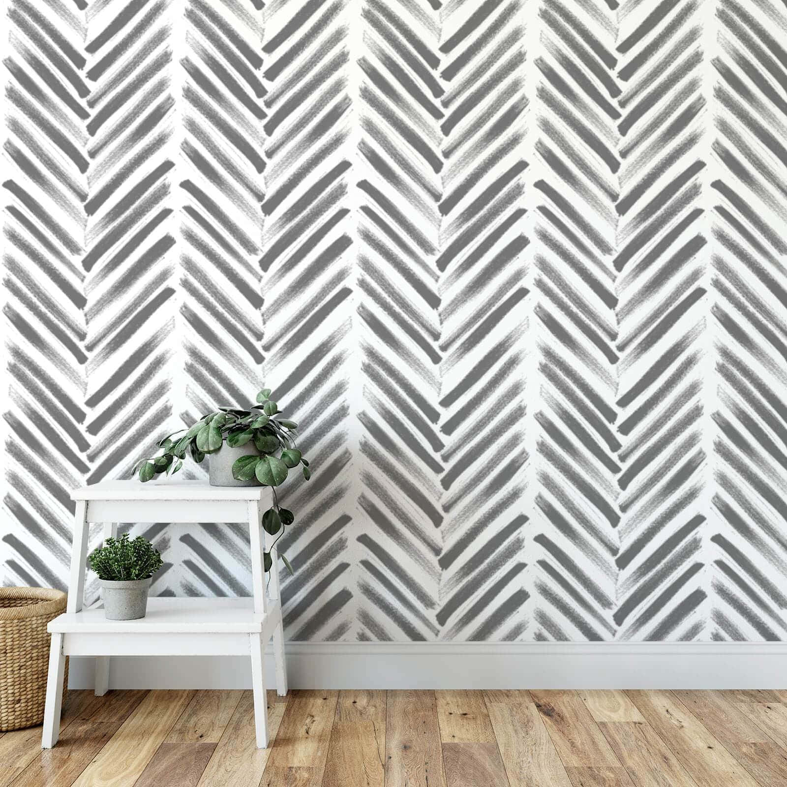 herringbone patterned wallpaper, gray herringbone patterned wallpaper, white ladder shelf, HD Desktop Wallpaper
