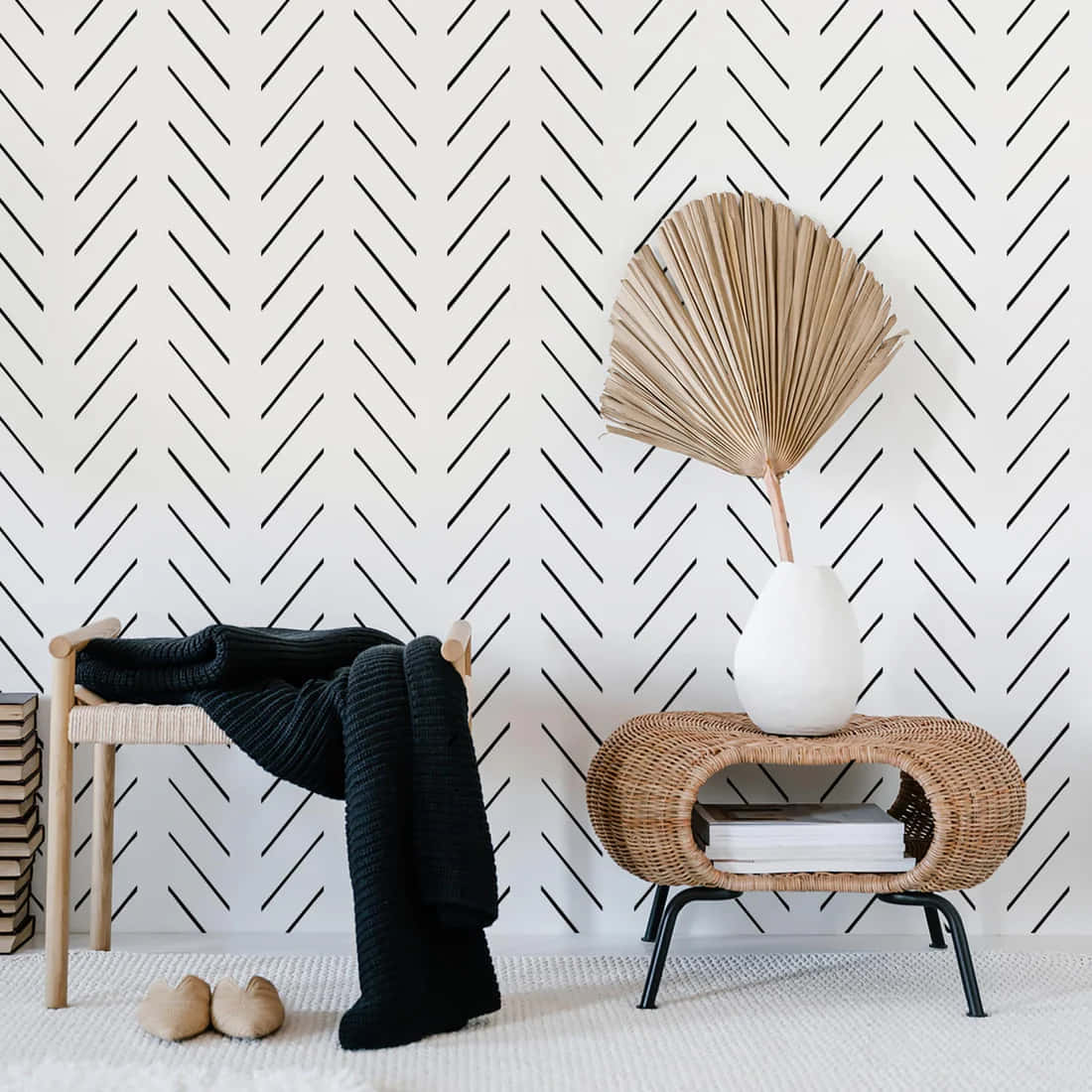 black chevron wallpaper, wicker side table, white vase, SD Desktop Wallpaper