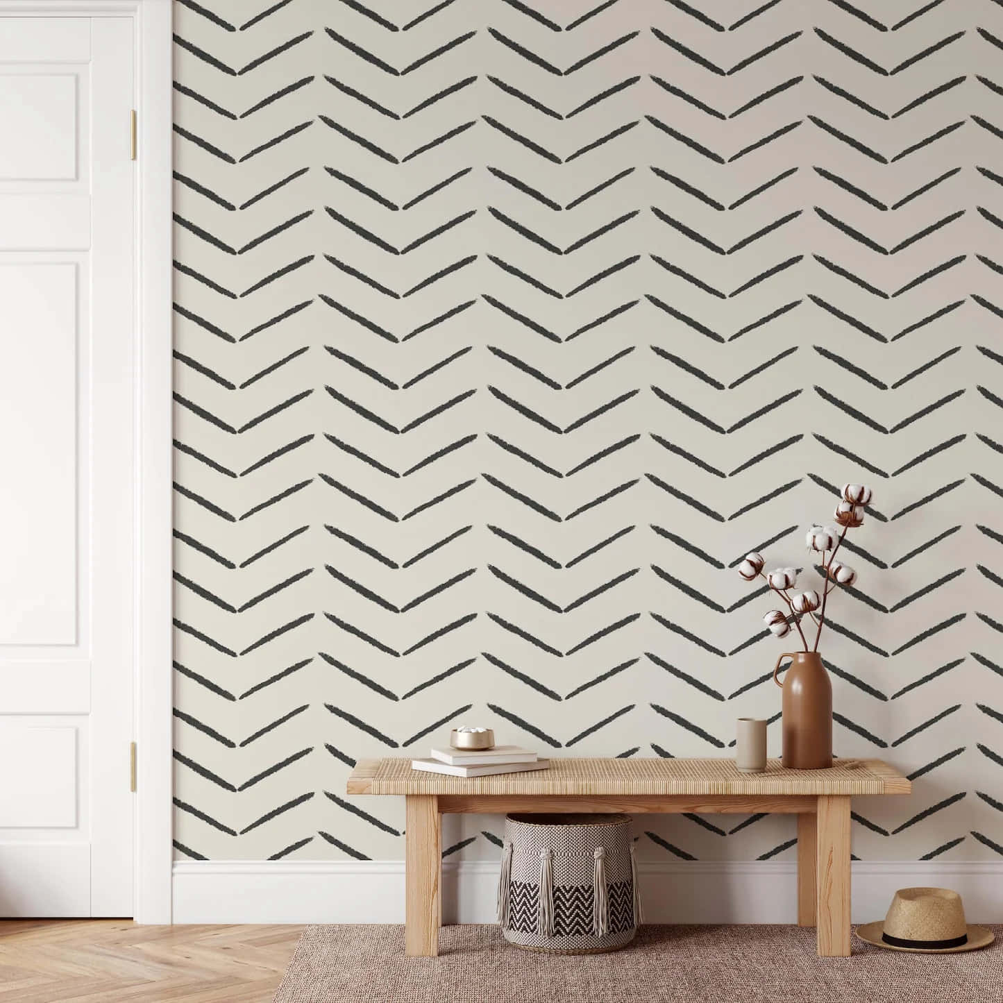 herringbone pattern, black chevron wallpaper, wooden bench, HD Desktop Wallpaper