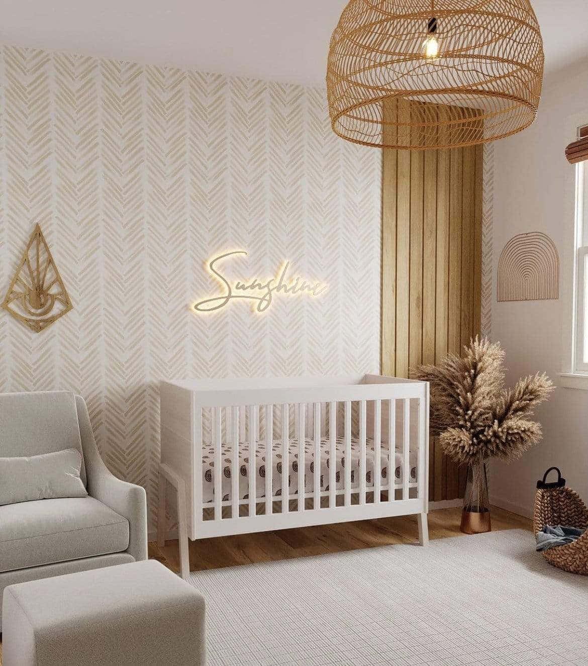 herringbone pattern, nursery room, white crib, HD Phone Wallpaper