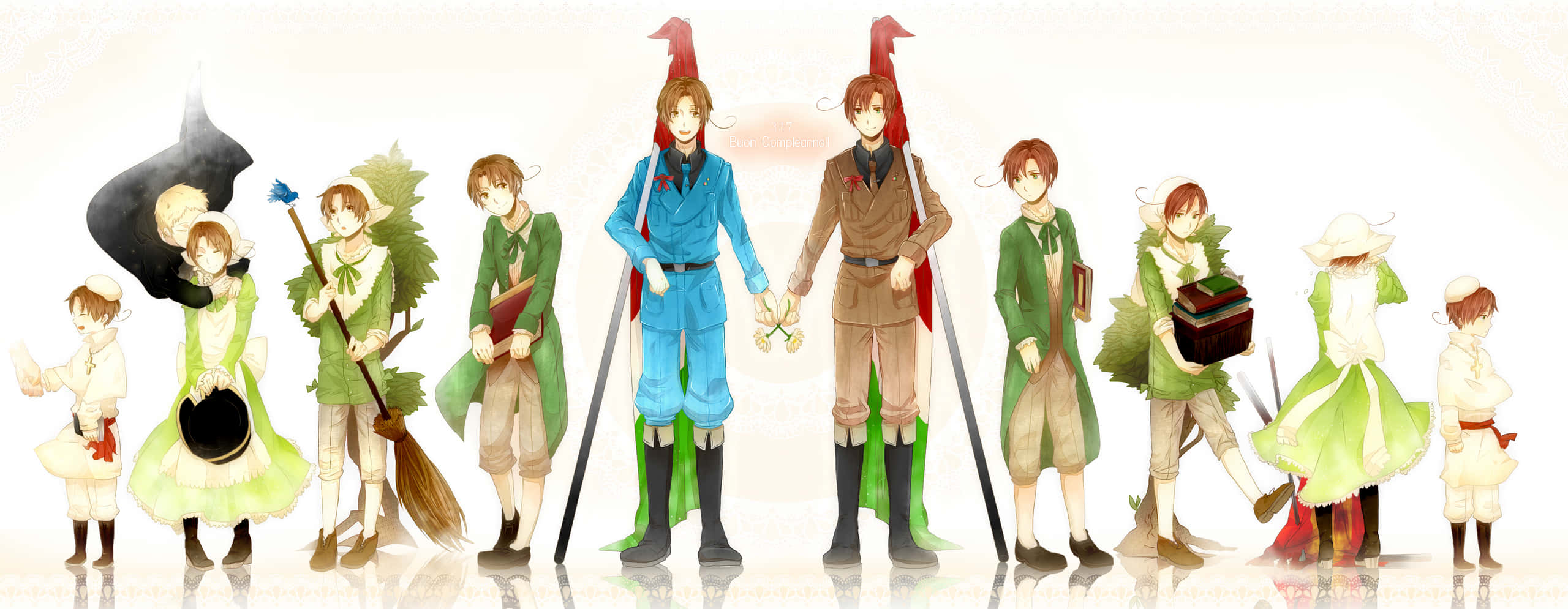 Hetalia, anime characters, whimsical green and brown outfits, 2K Desktop Wallpaper