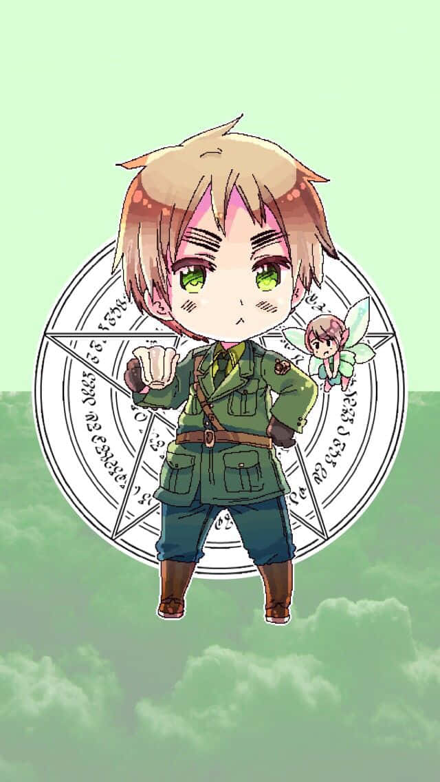 Hetalia, chibi anime boy, green military uniform, SD Phone Wallpaper