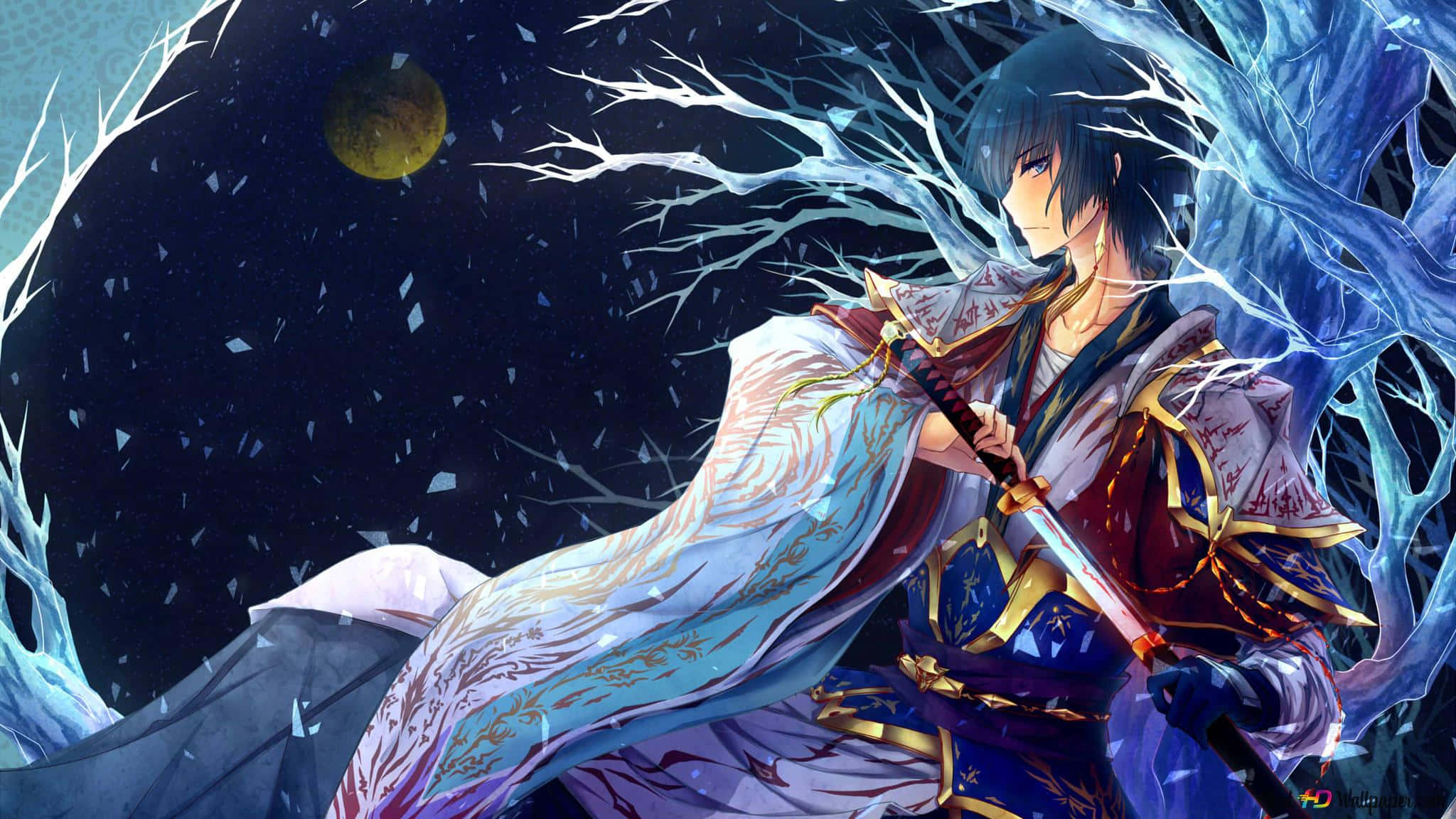 Hetalia, blue-haired anime warrior, glowing sword, Full HD Desktop Wallpaper