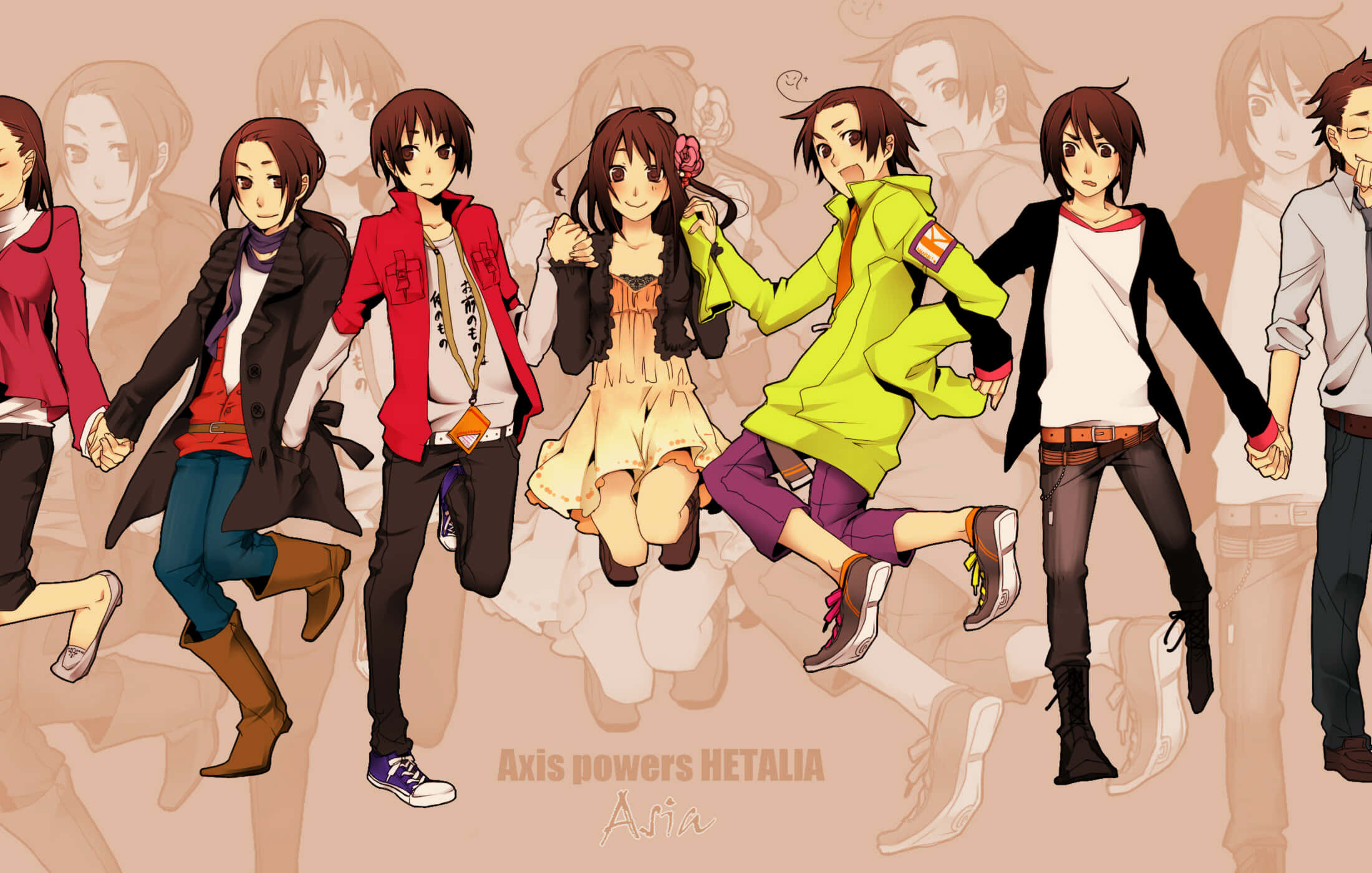 Hetalia, anime group of seven characters, holding hands, Full HD Desktop Wallpaper
