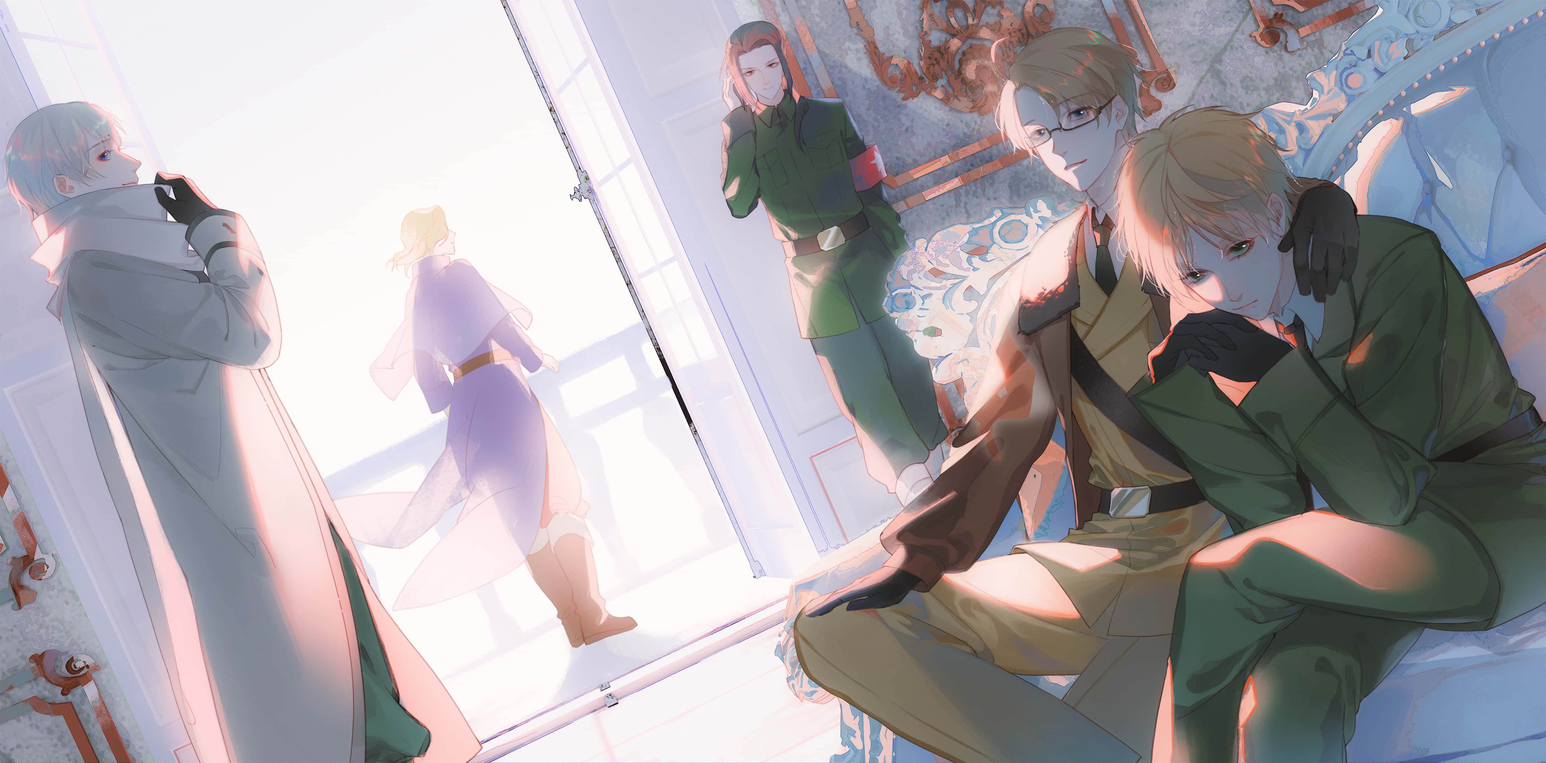 Hetalia, military-style outfits, sunlit ornate room, 4K Desktop Wallpaper