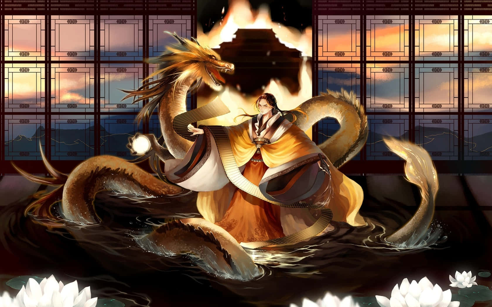 Hetalia, golden dragon, robed figure, HD Desktop Wallpaper