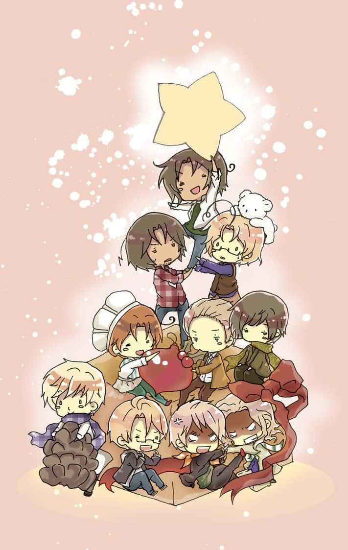 Hetalia, chibi anime characters, glowing star, SD Phone Wallpaper