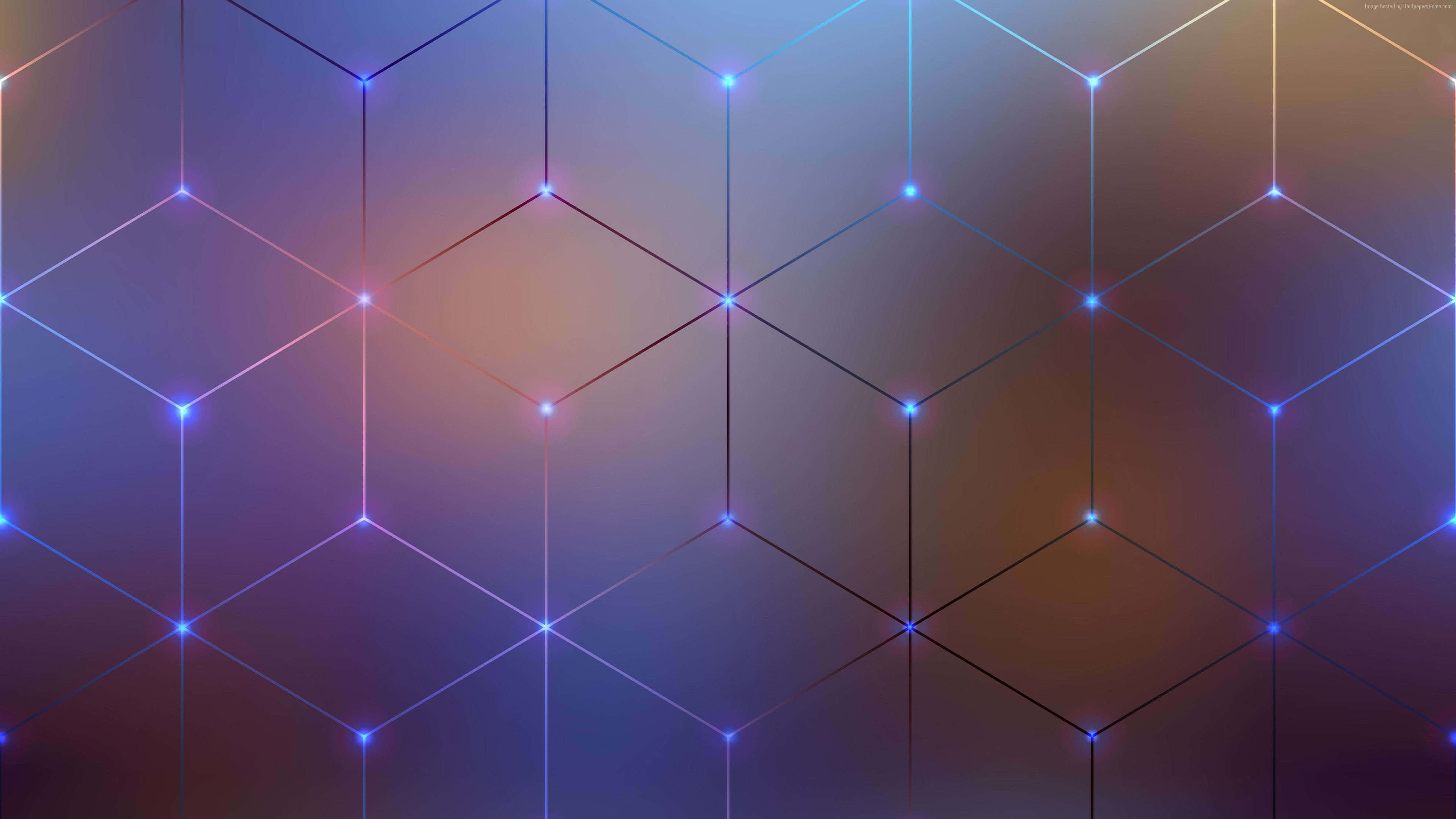 hexagon, neon blue, purple, 4K Desktop Wallpaper