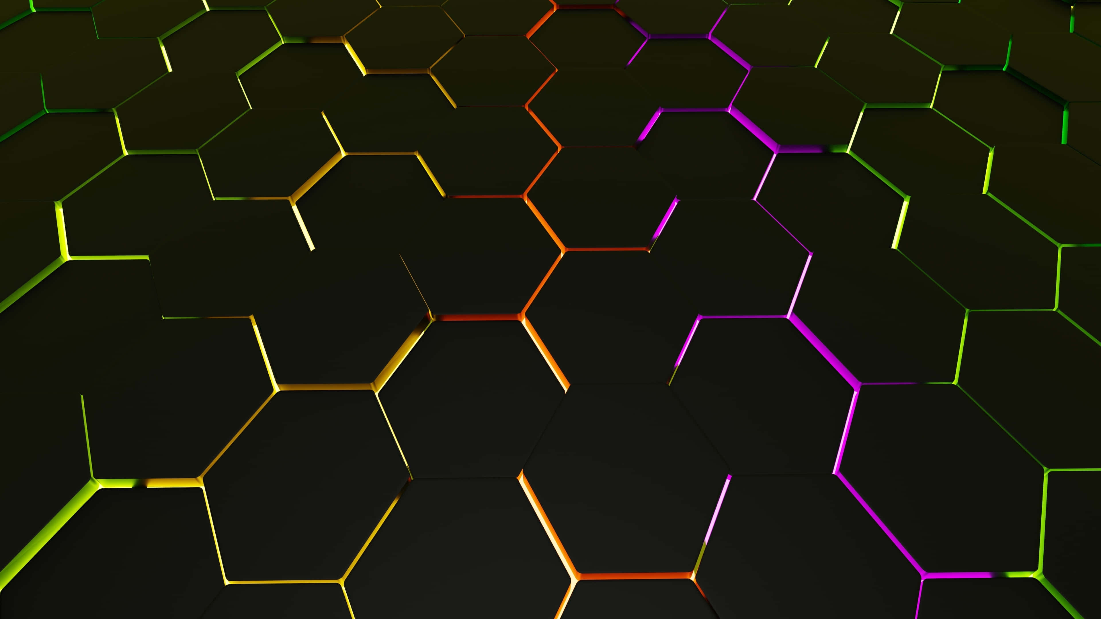 Hexagon 4K, neon edges, green orange and purple, 4K Desktop Wallpaper