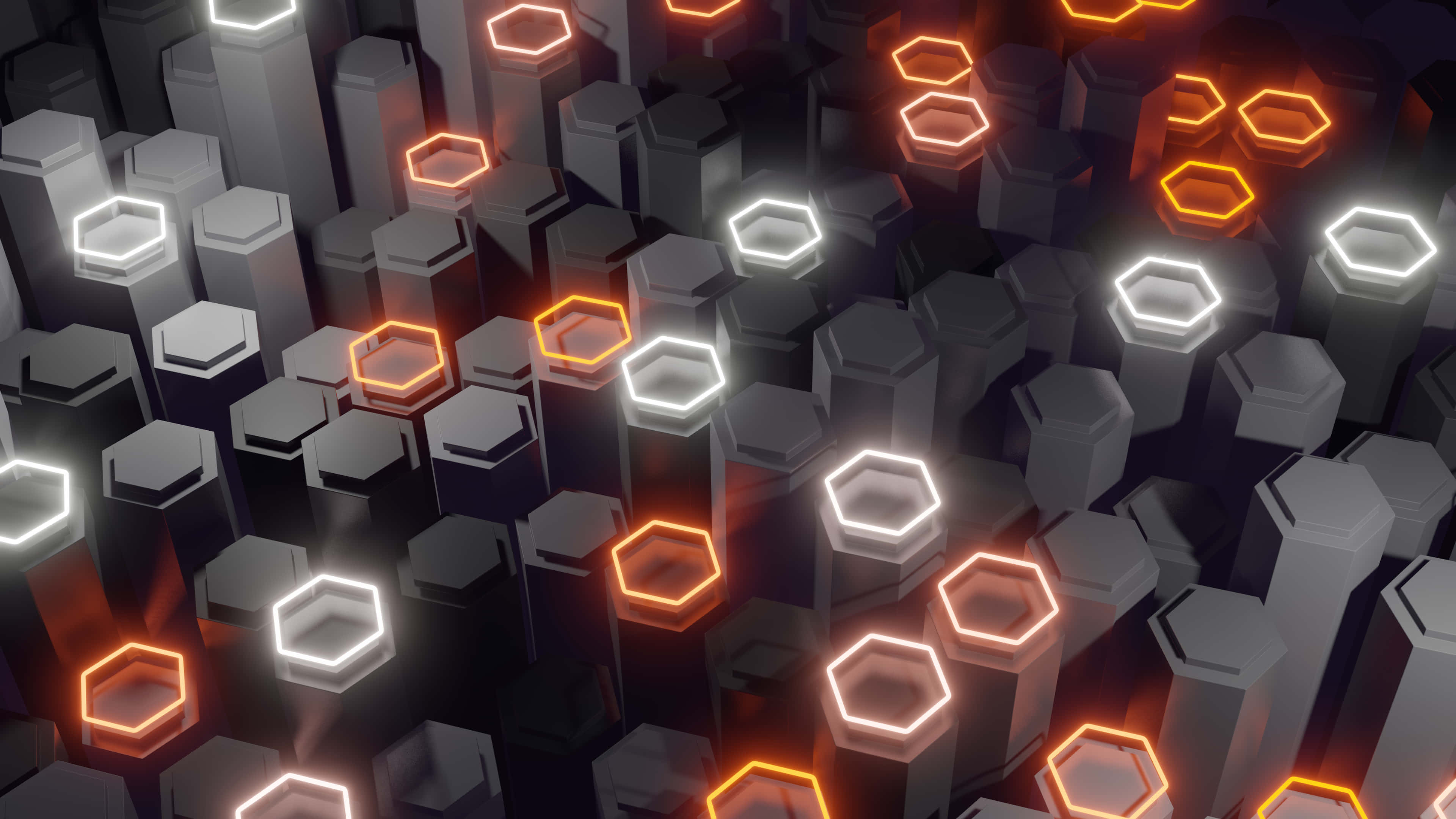 hexagon 4k, interlocking hexagons, orange and white neon lights, 4K Desktop Wallpaper