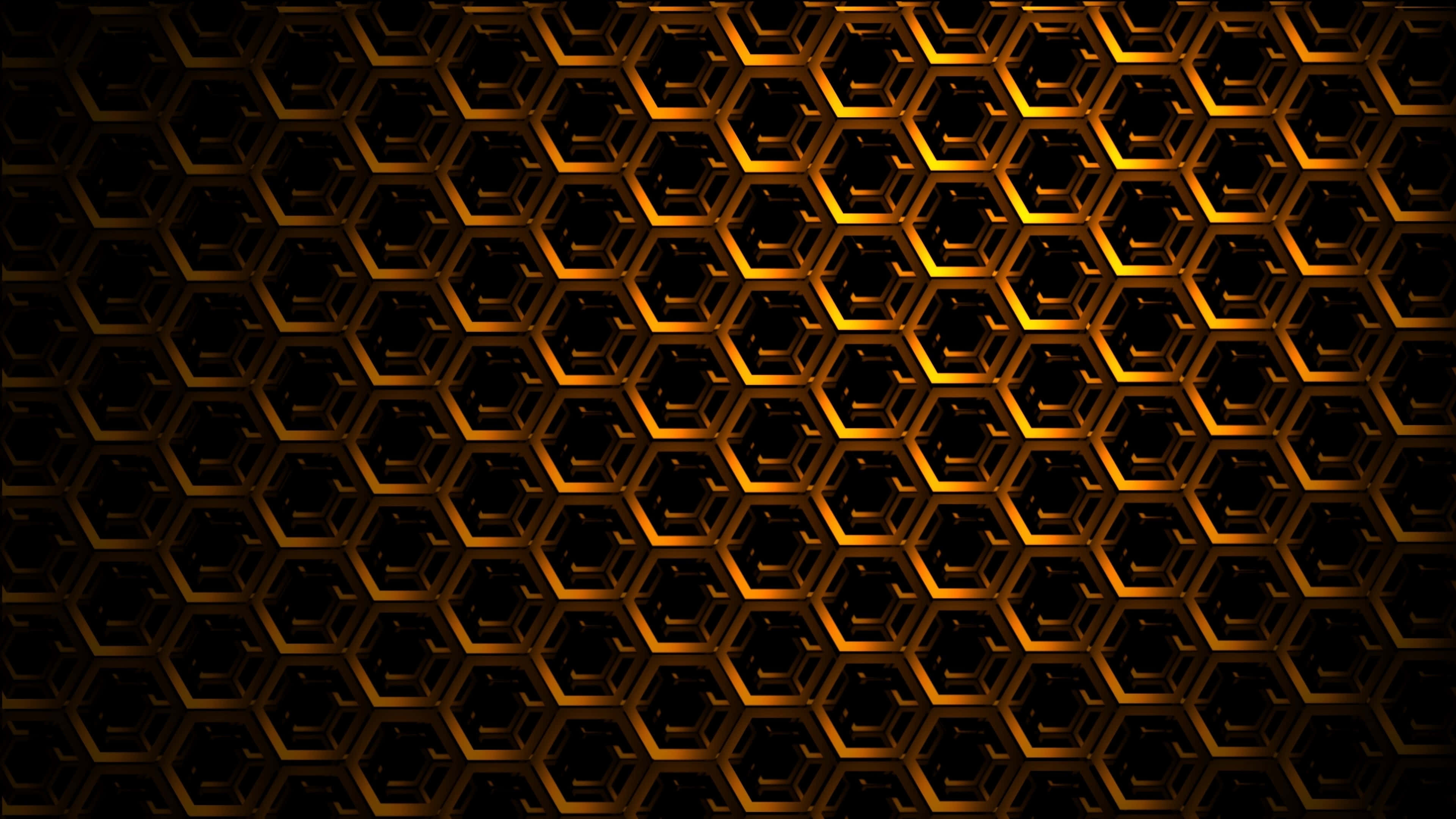 Hexagon 4K, glowing golden hexagonal grid pattern, deep black background, 4K Desktop Wallpaper