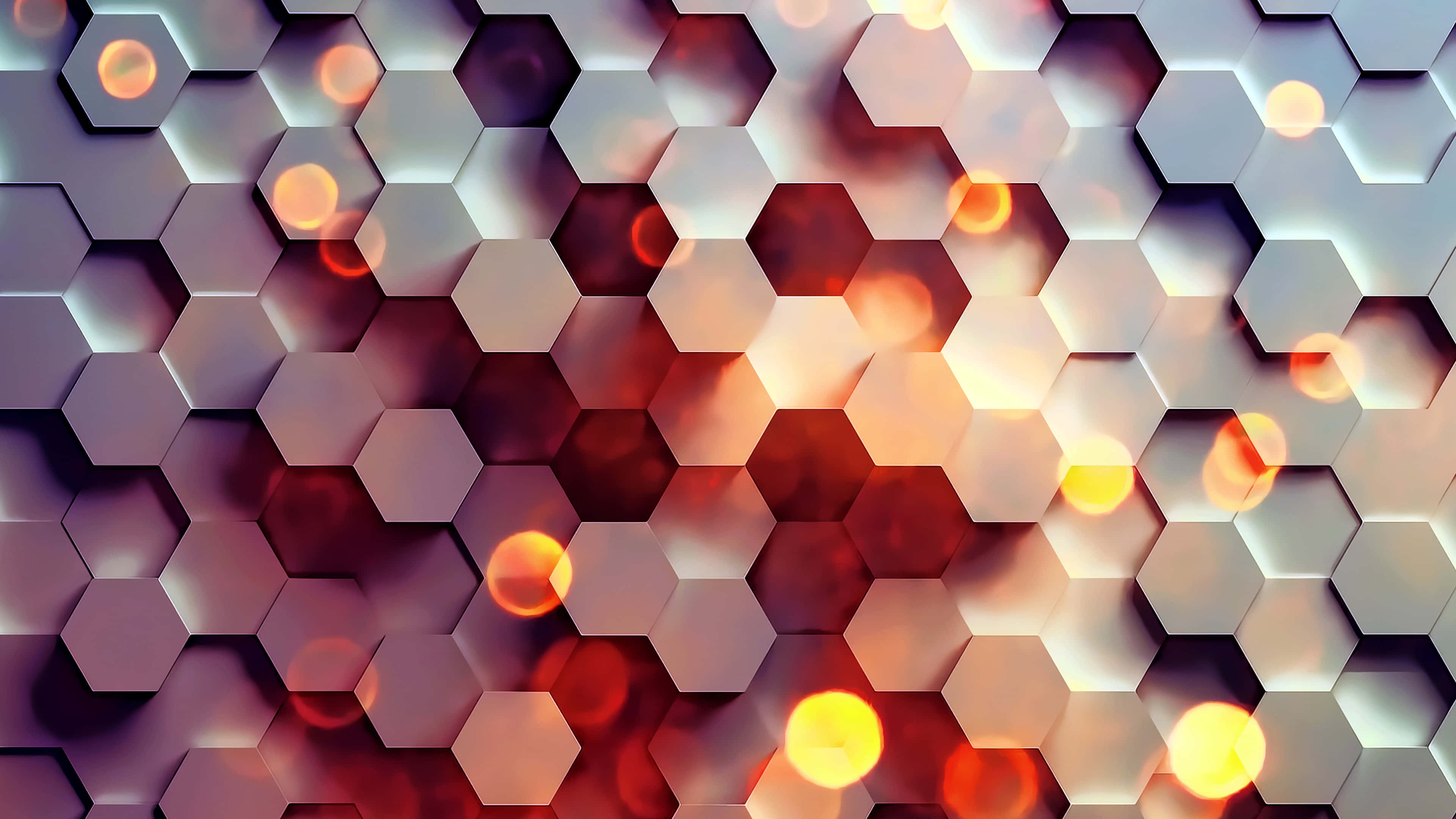 Hexagon 4K, glowing orange bokeh lights, metallic silver, 4K Desktop Wallpaper
