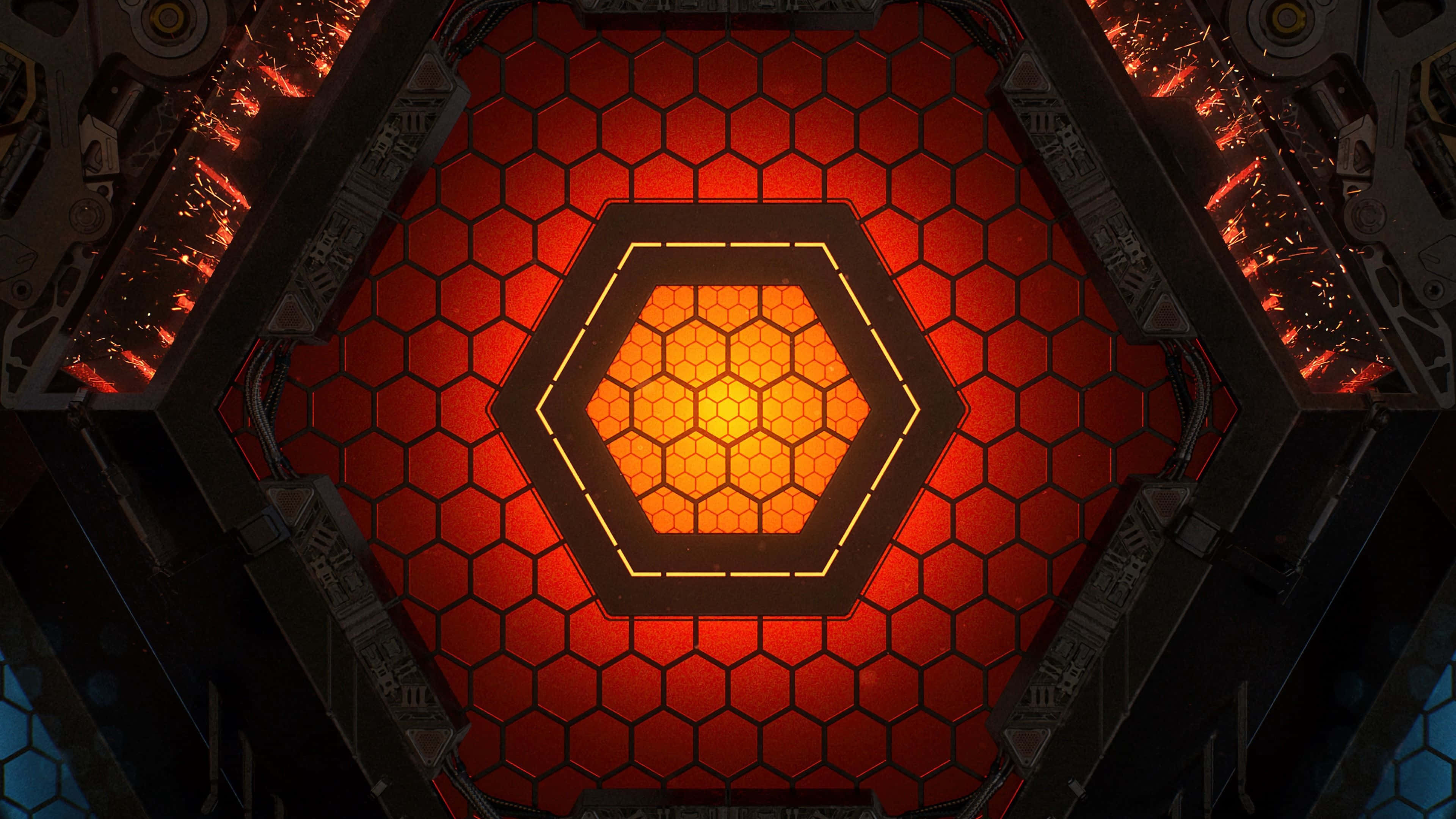 Hexagon 4K, glowing hexagonal panel, fiery orange light, 4K Desktop Wallpaper