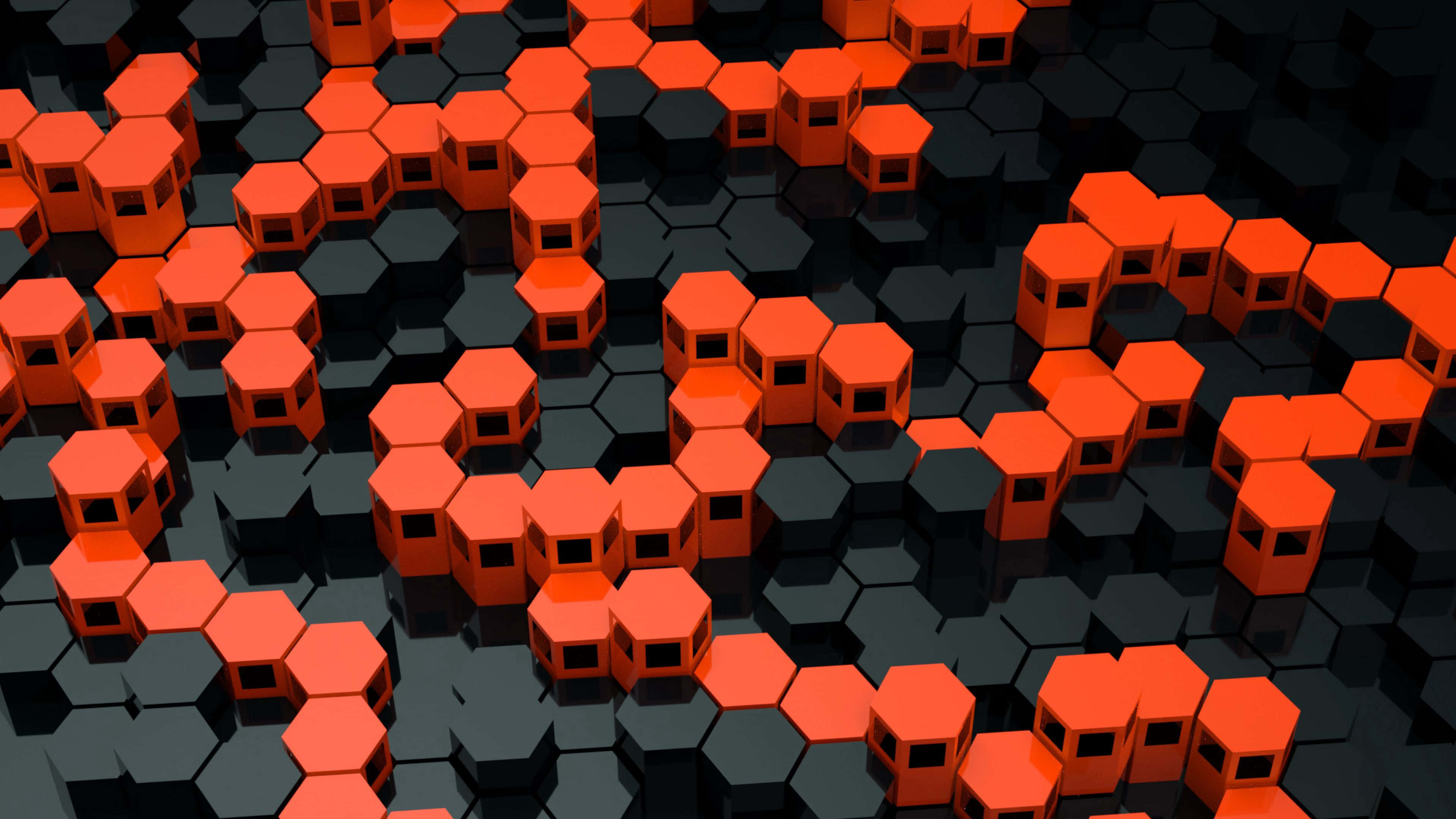 Hexagon 4K, vibrant orange hexagonal blocks, dark hexagonal grid, 4K Desktop Wallpaper