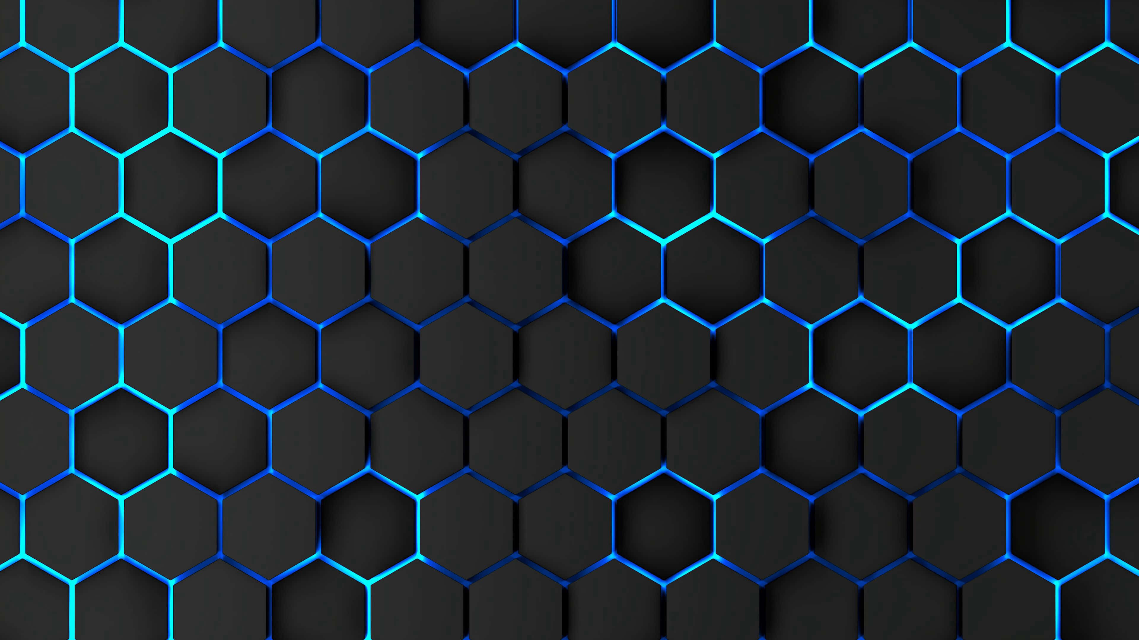 Hexagon 4K, glowing blue hexagons, dark textured background, 4K Desktop Wallpaper