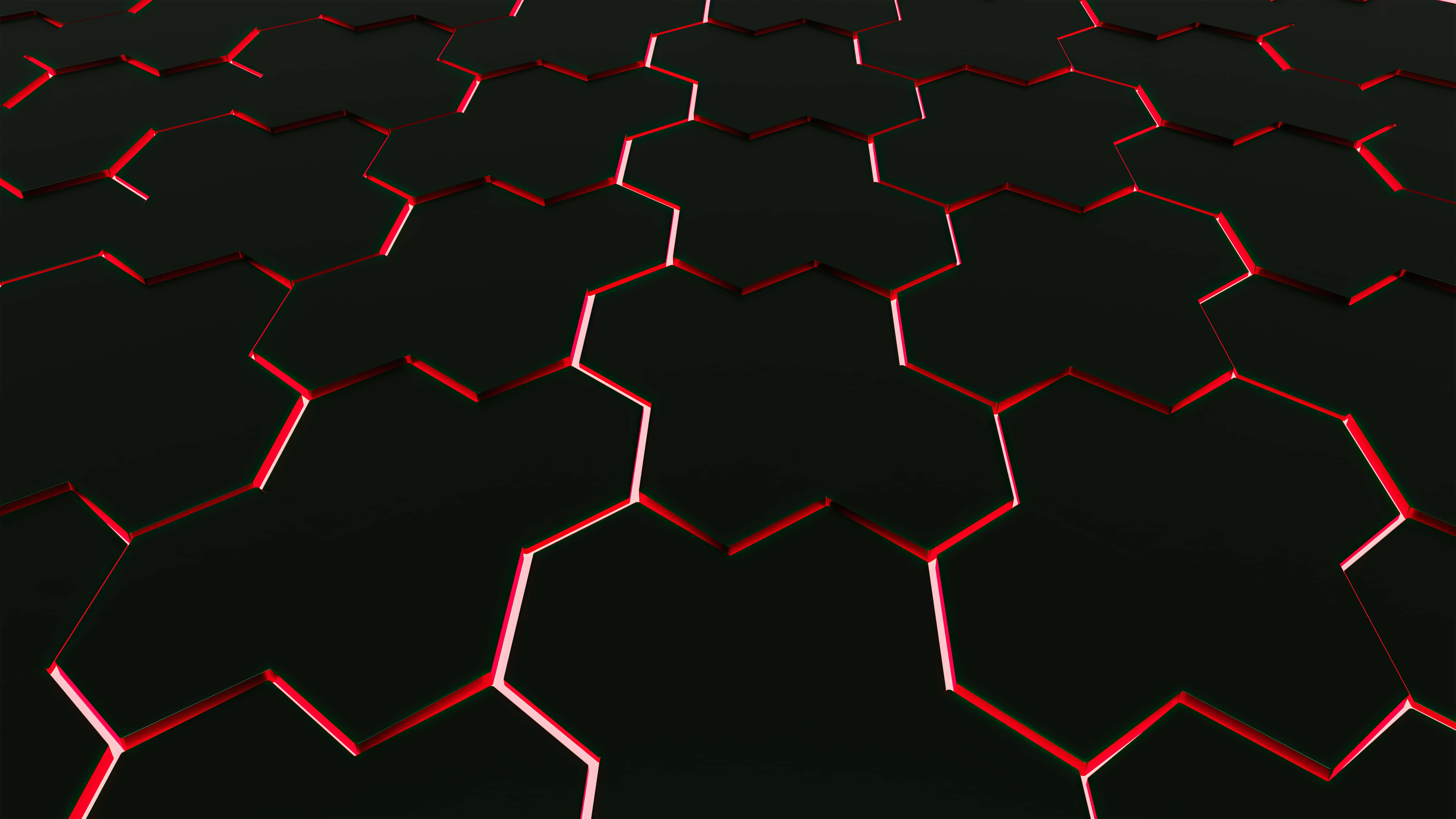 hexagon 4k, glowing red hexagons, deep black background, 5K Desktop Wallpaper