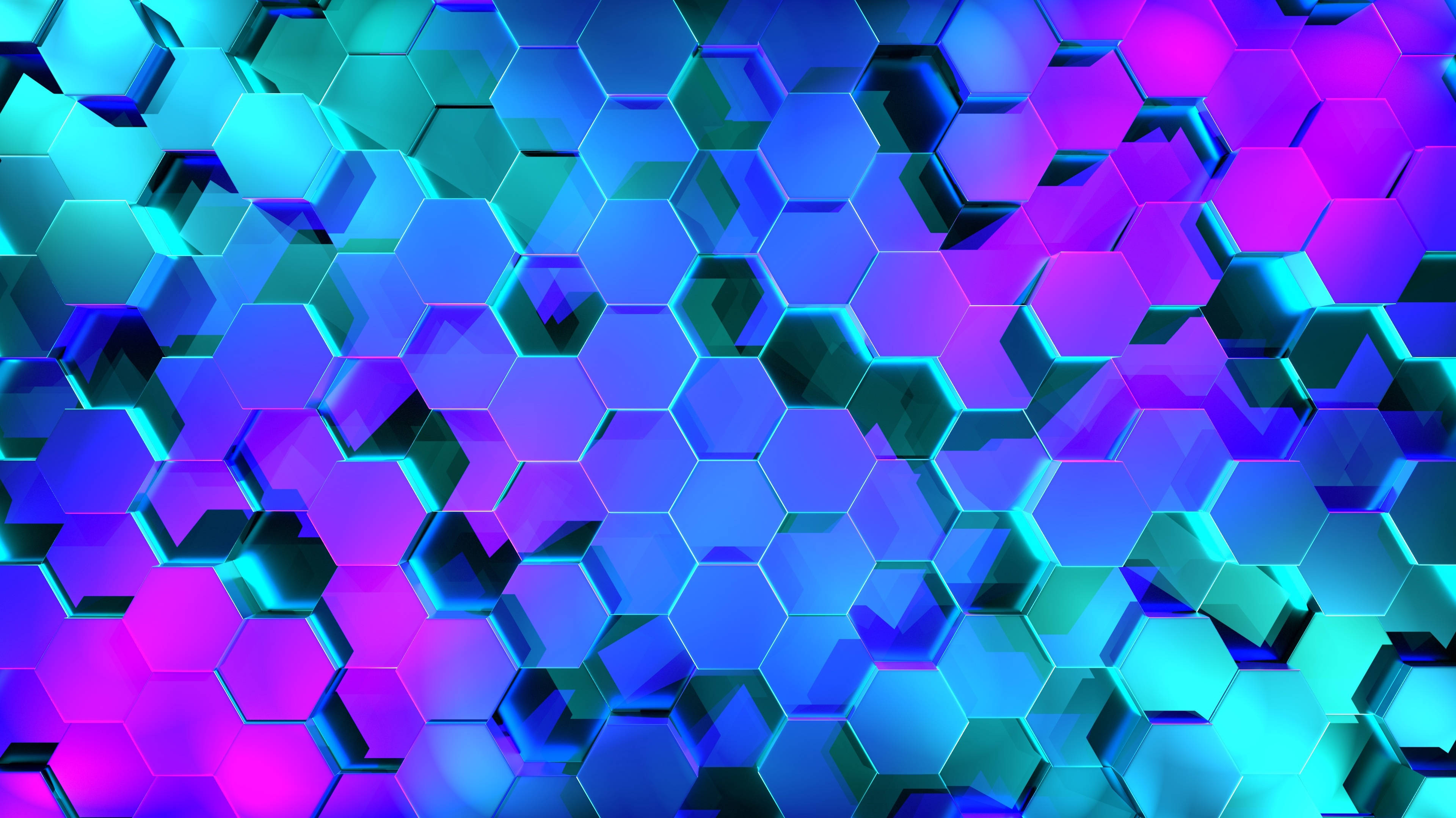 cool palette hexagon pattern, glowing hexagonal tiles, cyan, 4K Desktop Wallpaper