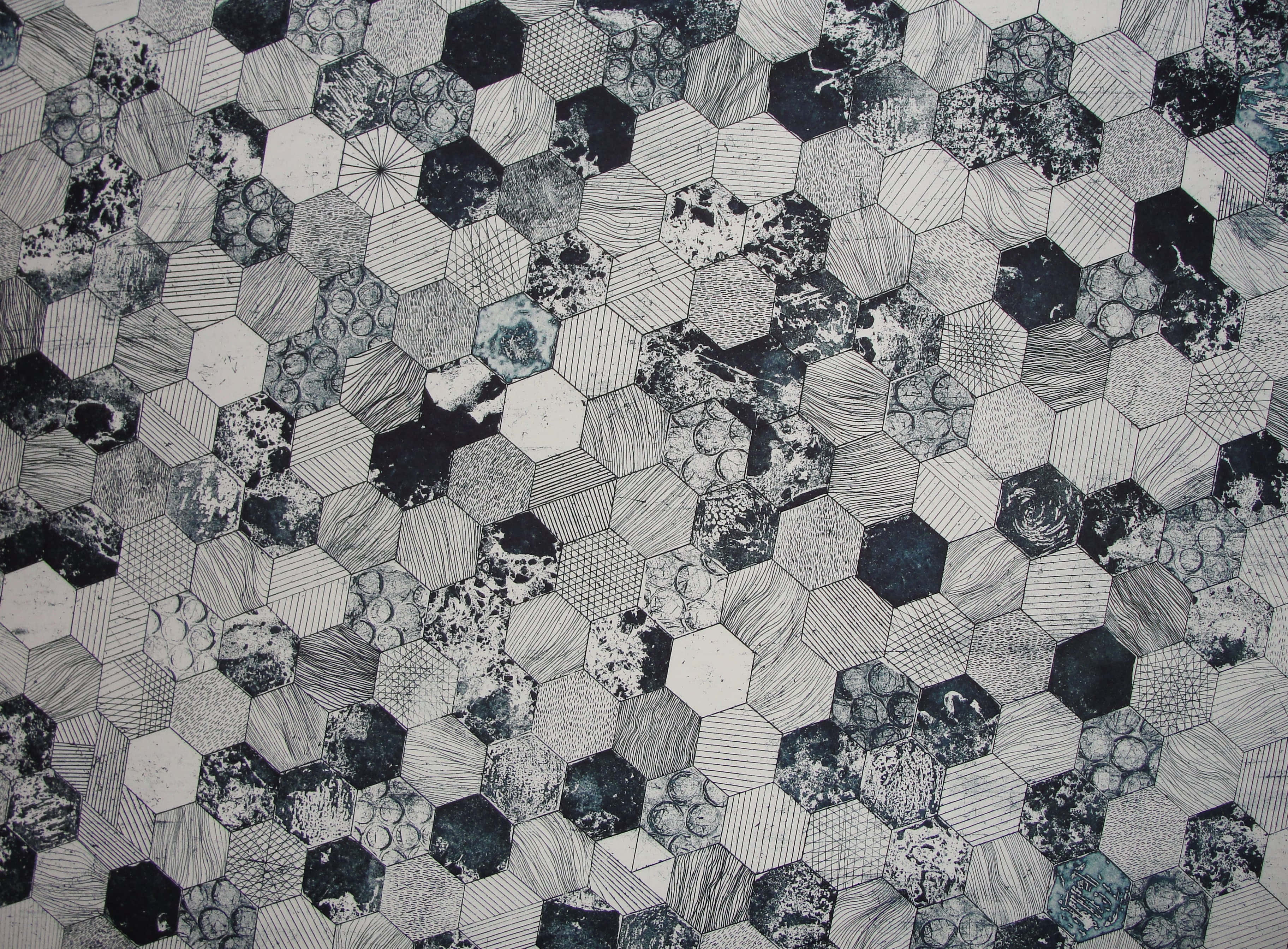 Quilted Tile, hexagonal tiles, black white and gray, 2K Desktop Wallpaper