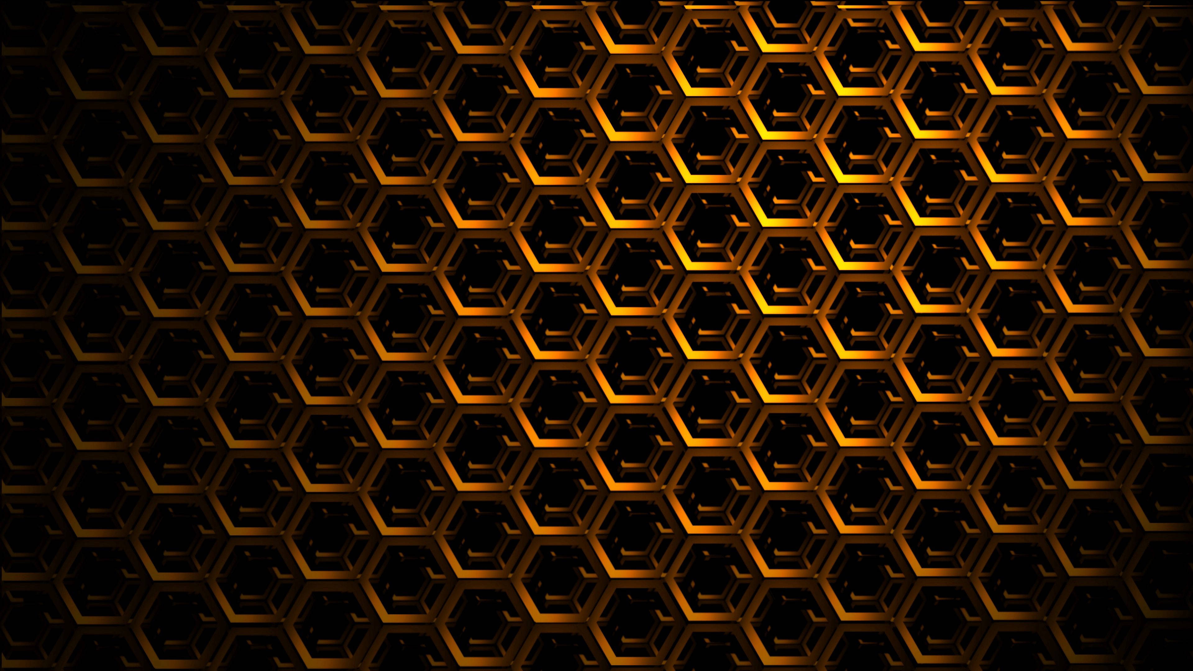 golden metal mesh hexagon, glowing edges, dark background, 4K Desktop Wallpaper