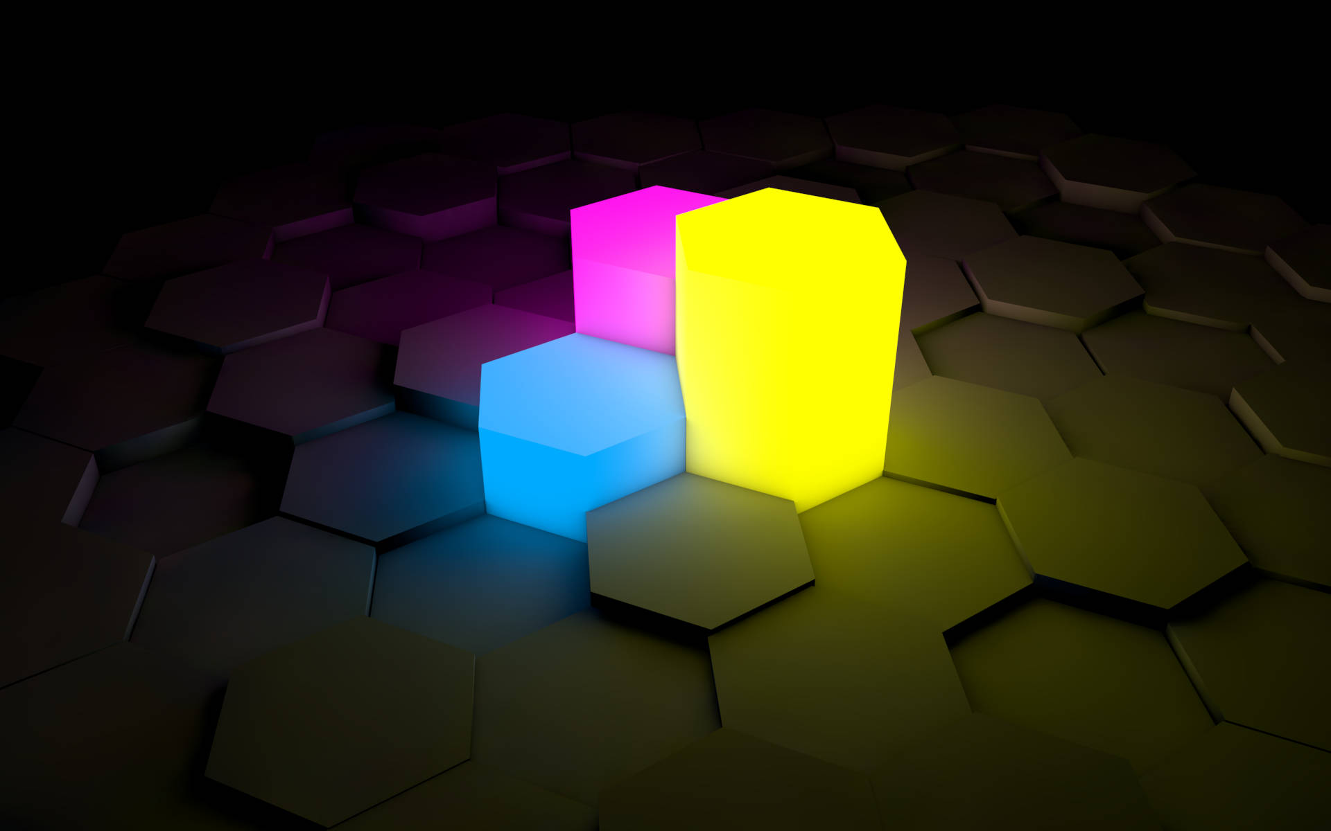 glowing hexagon prisms, cyan magenta and yellow, dark hexagonal tiled floor, Full HD Desktop Wallpaper