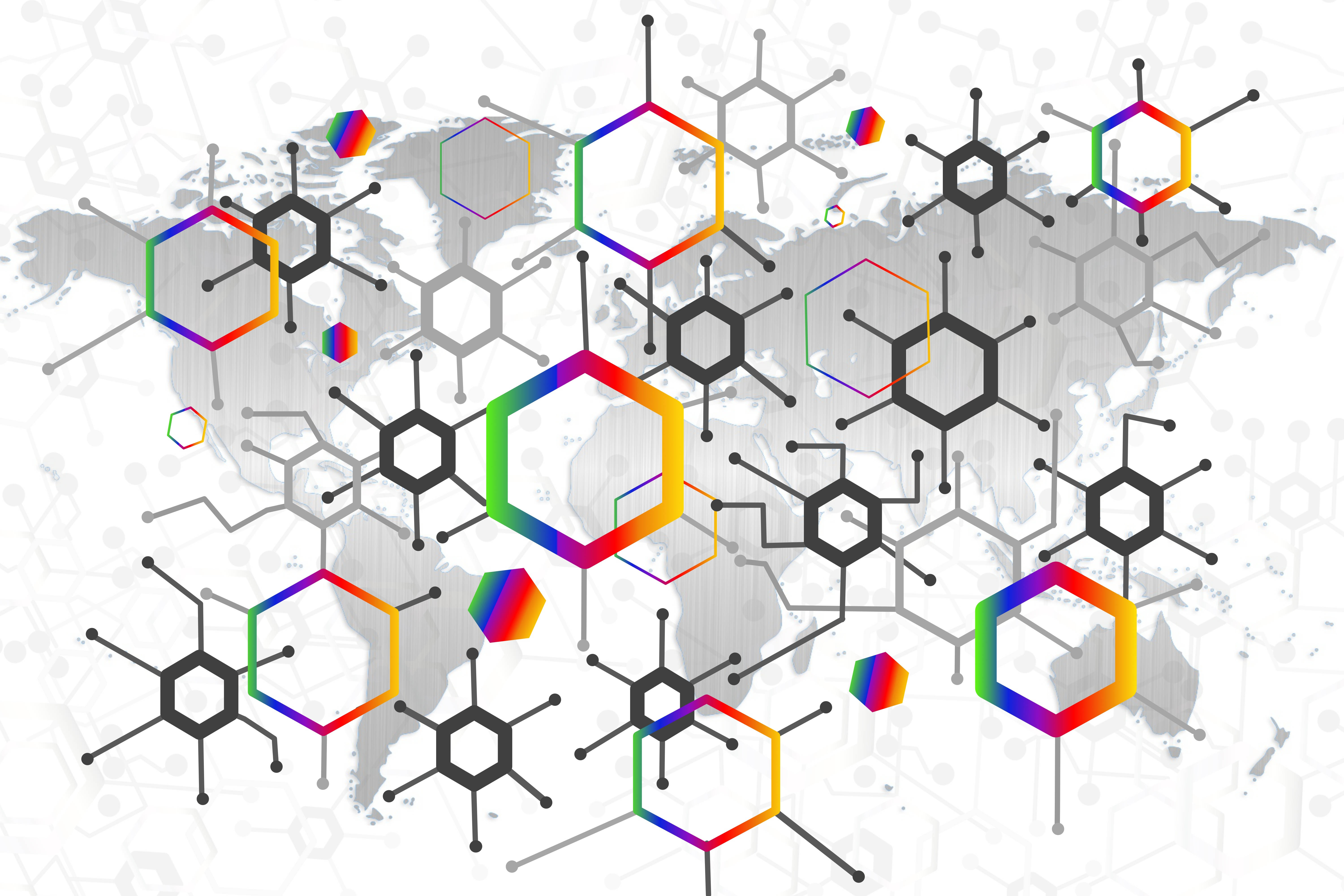 Hexagon, world map, rainbow hexagonal molecular structures, 5K Desktop Wallpaper