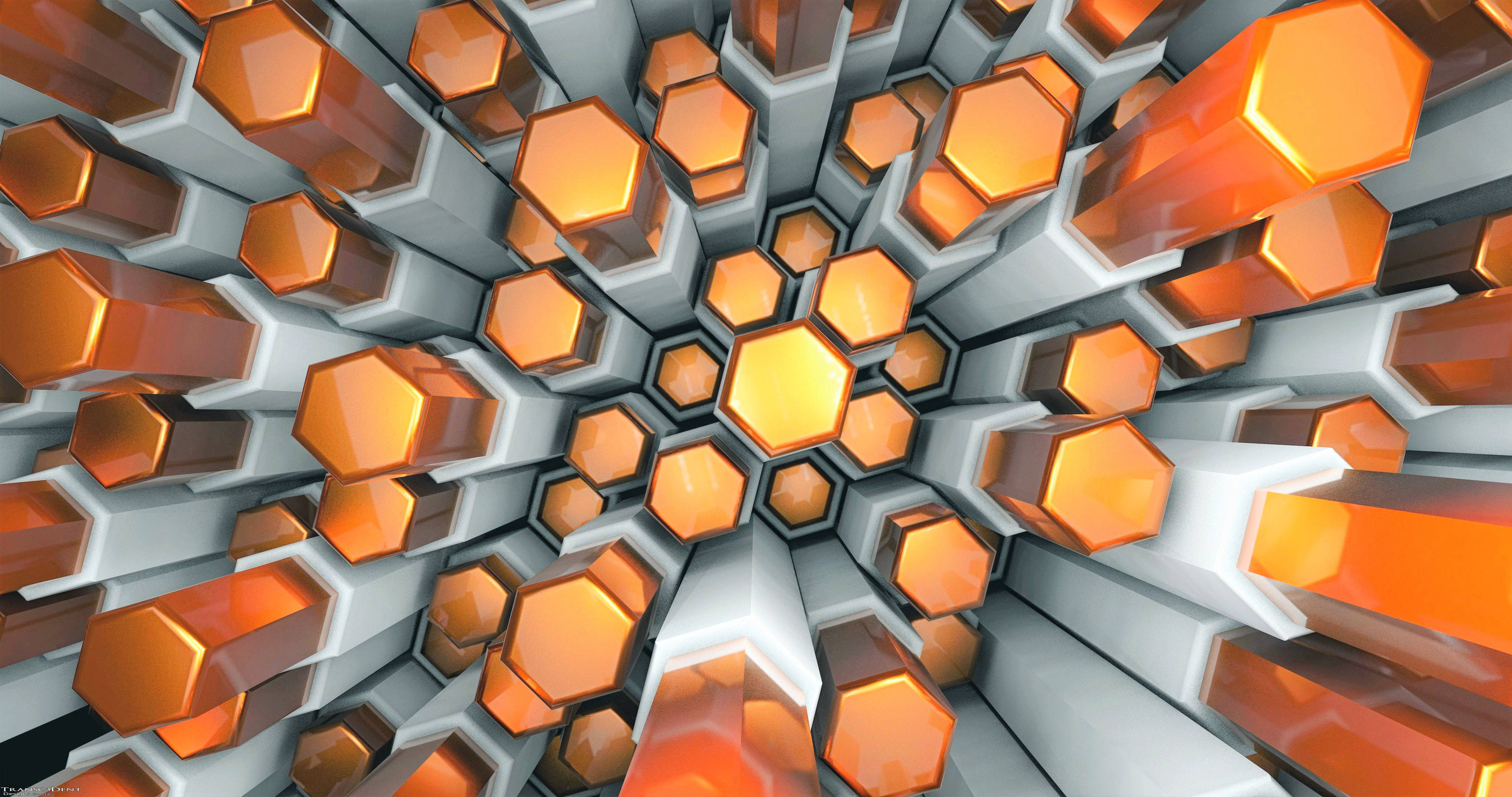 orange metal hexagon, glowing orange hexagons, metallic gray structures, 4K Desktop Wallpaper