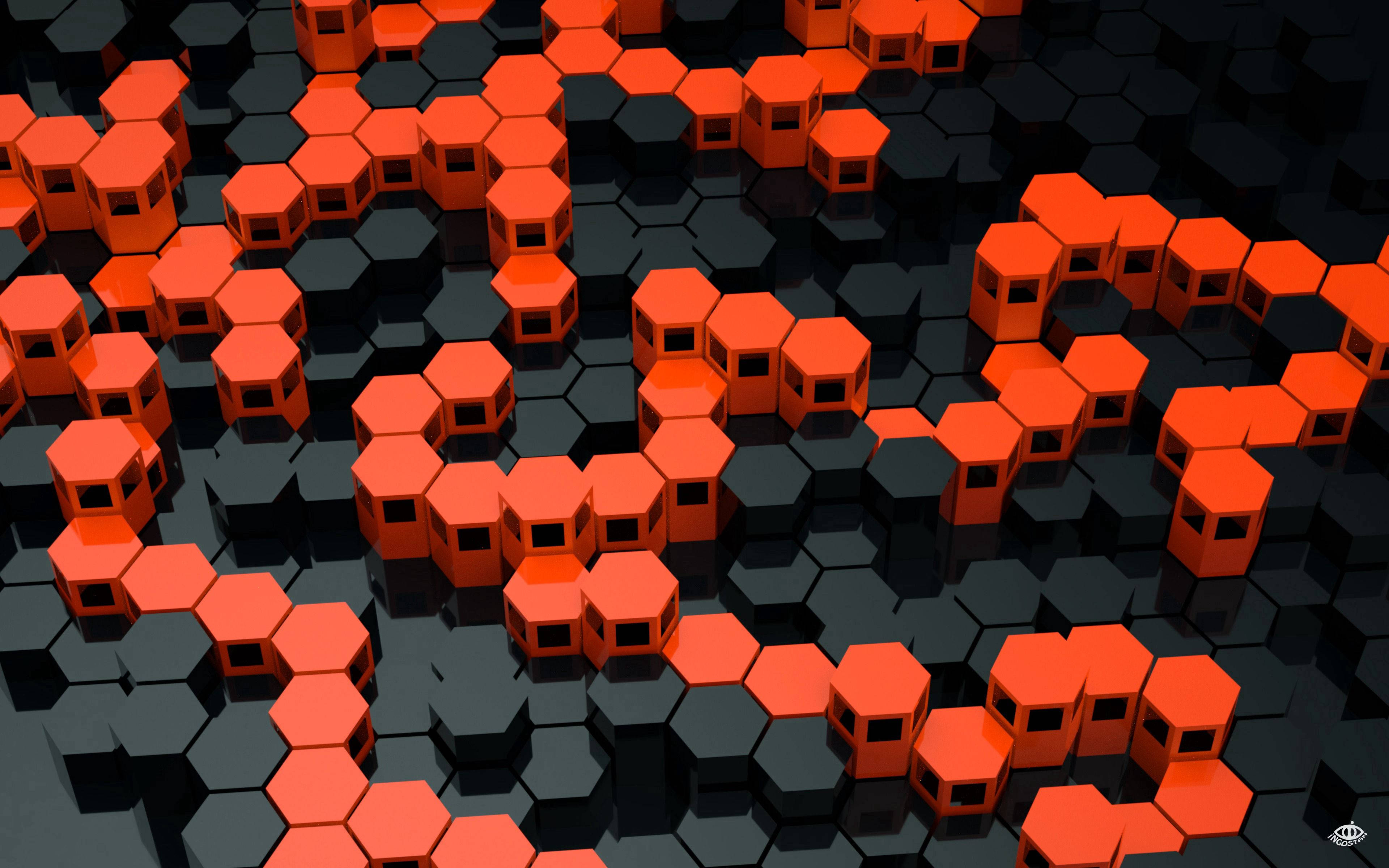 geometric black and orange hexagons, vibrant orange hexagonal blocks, dark gray hexagonal grid, 4K Desktop Wallpaper
