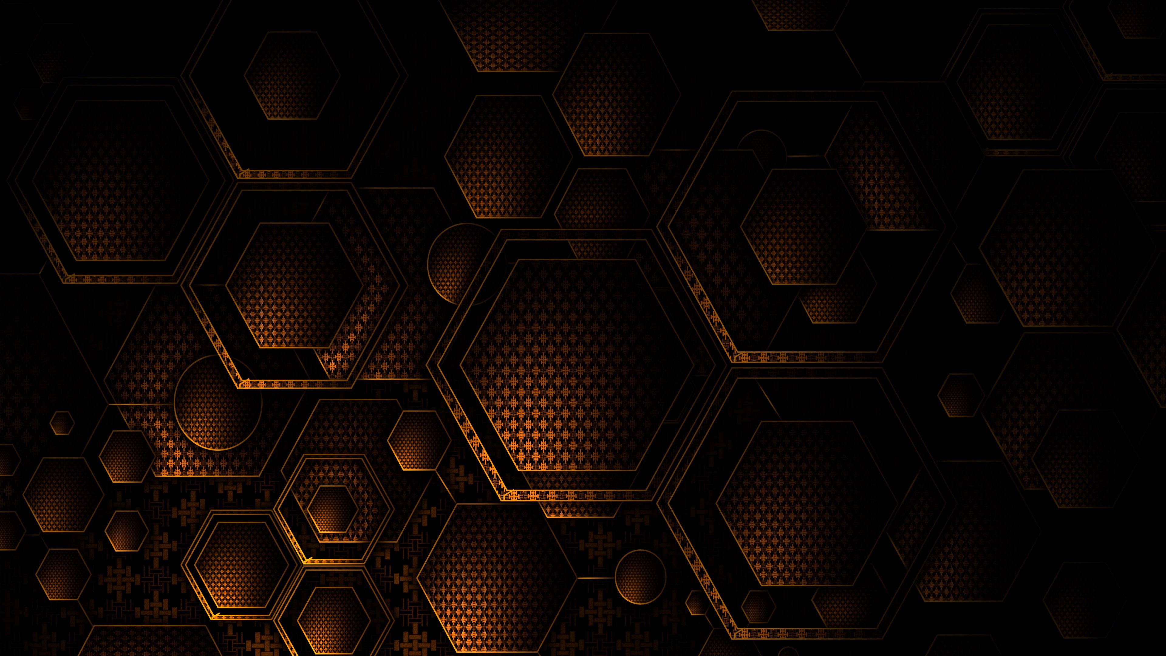 bronze crisscross hexagons, glowing golden hexagons, textured interiors, 4K Desktop Wallpaper