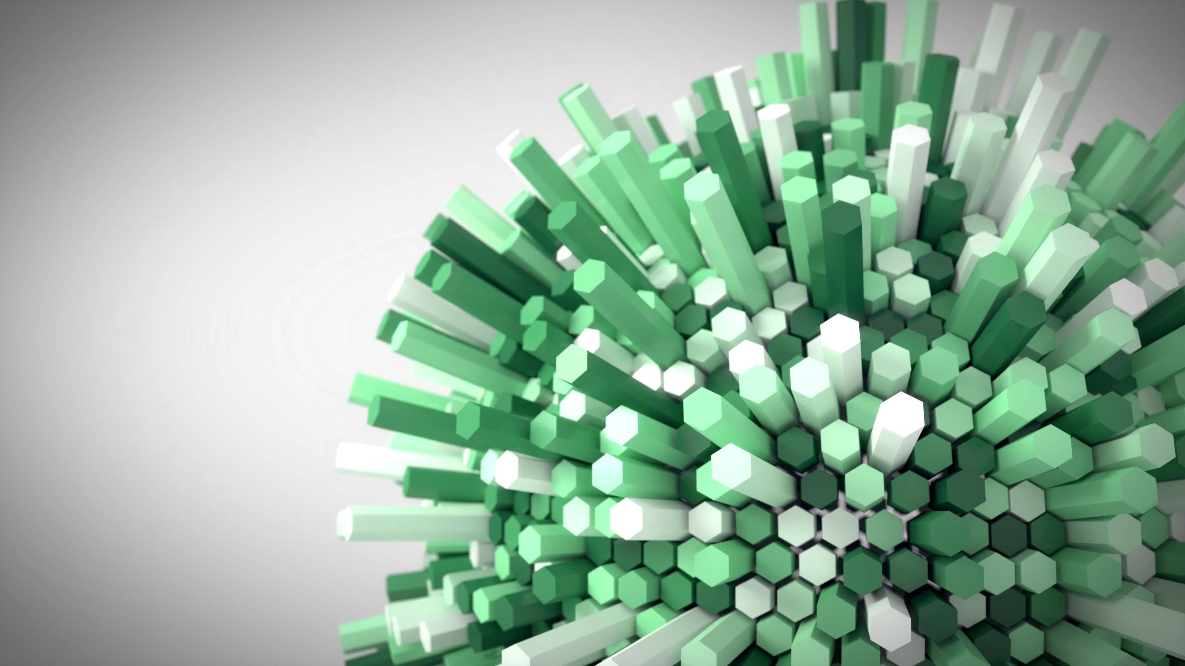 green spherical hexagon blocks, green and white hexagonal prisms, futuristic 3d-rendered sphere, 4K Desktop Wallpaper