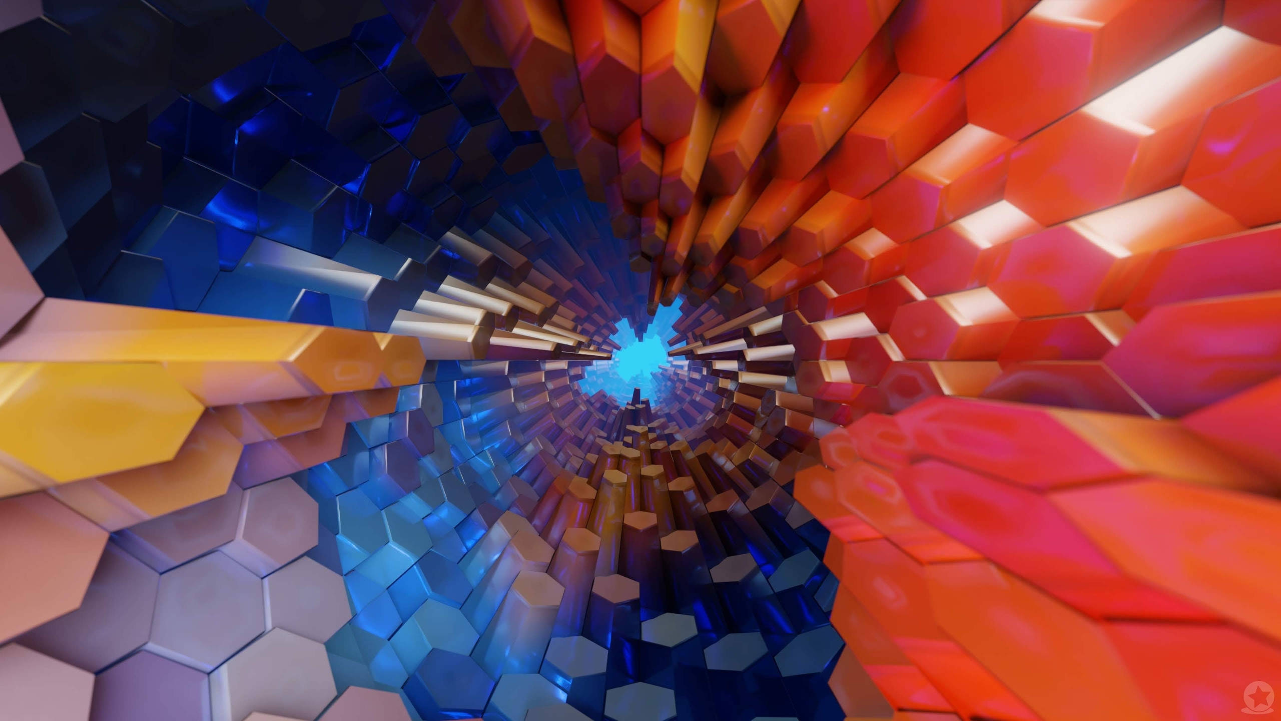 hexagon wall, cylindrical tunnel, glowing blue core, 2K Desktop Wallpaper
