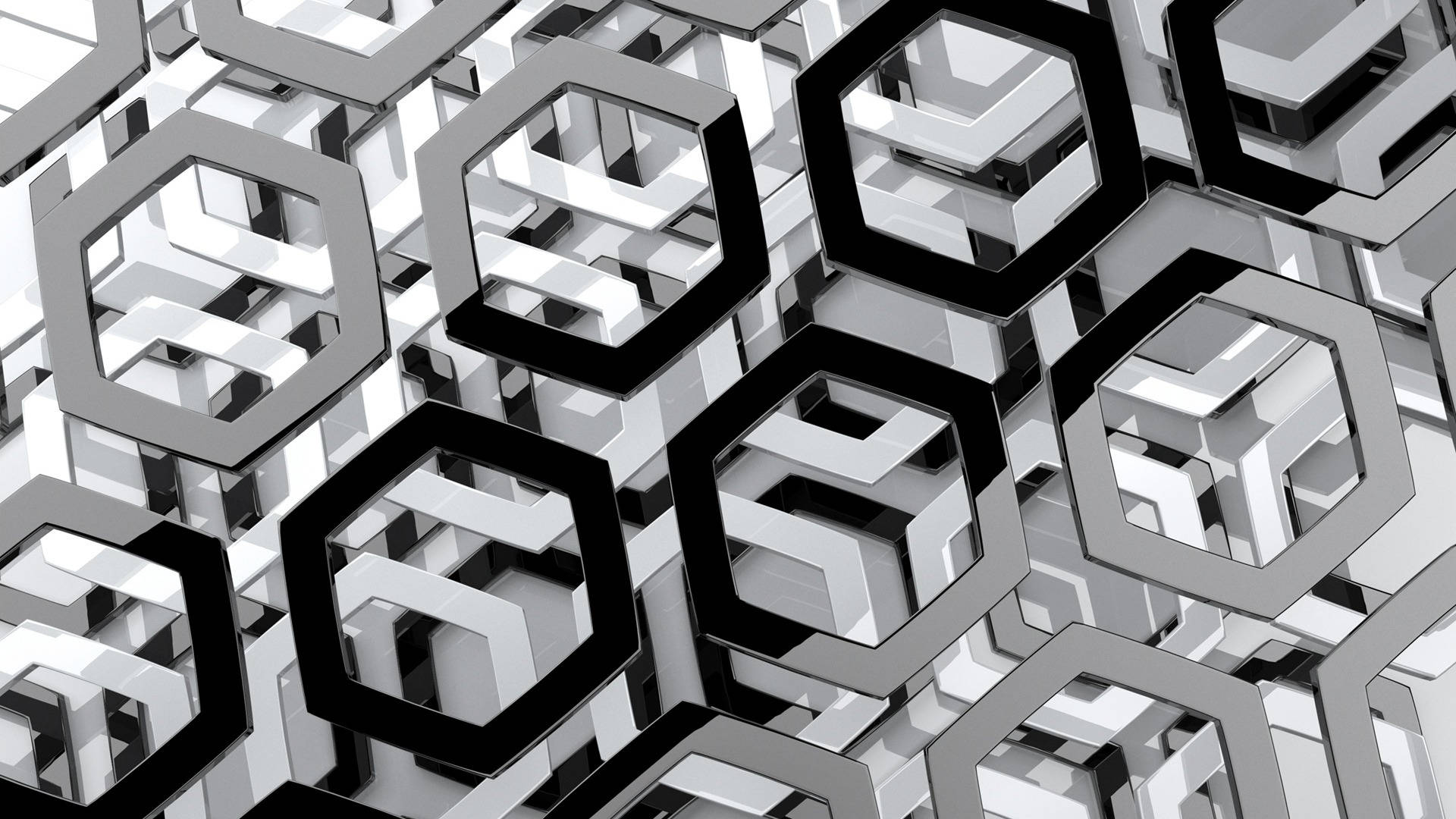 overlapping hexagon steel layers, interlocking hexagonal frames, bold black outlines, Full HD Desktop Wallpaper