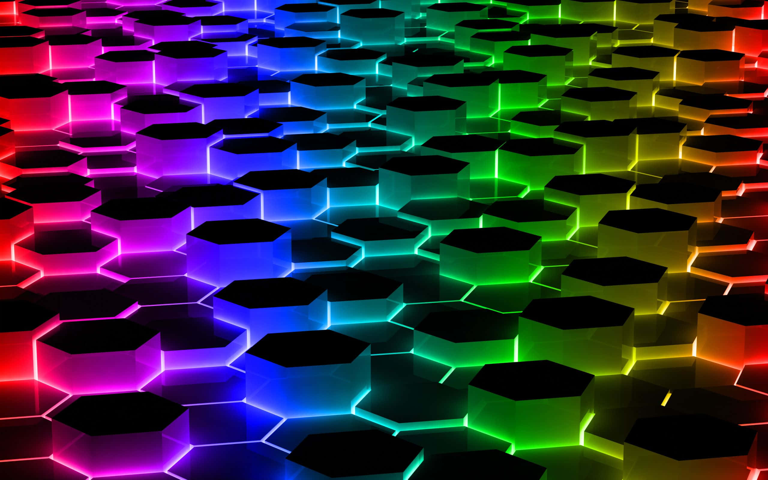 rainbow gradient, glowing hexagonal tiles, neon edges, 2K Desktop Wallpaper
