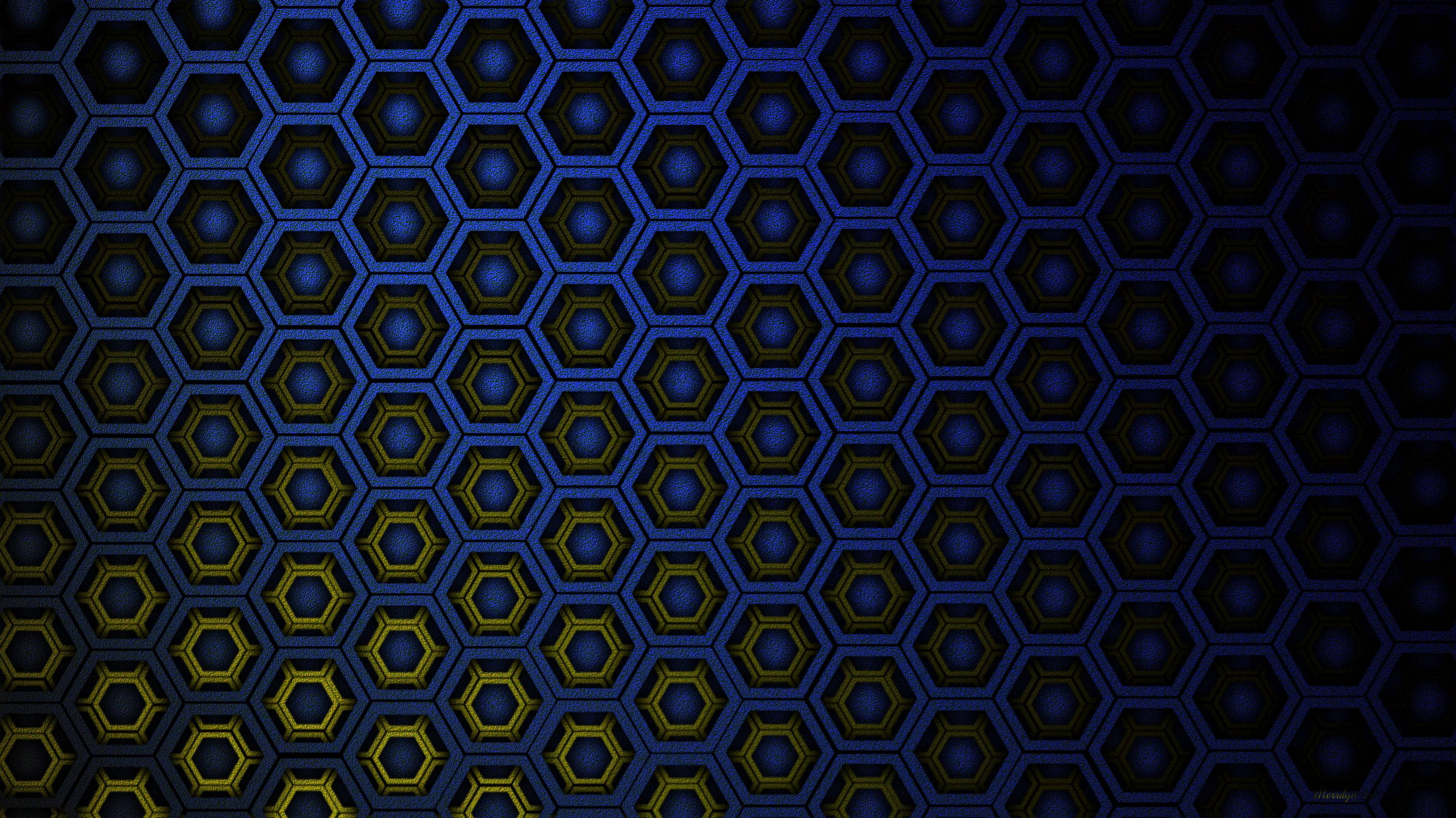 Dark Hexagon Layers, futuristic hexagonal grid pattern, glowing blue and gold hexagons, 4K Desktop Wallpaper
