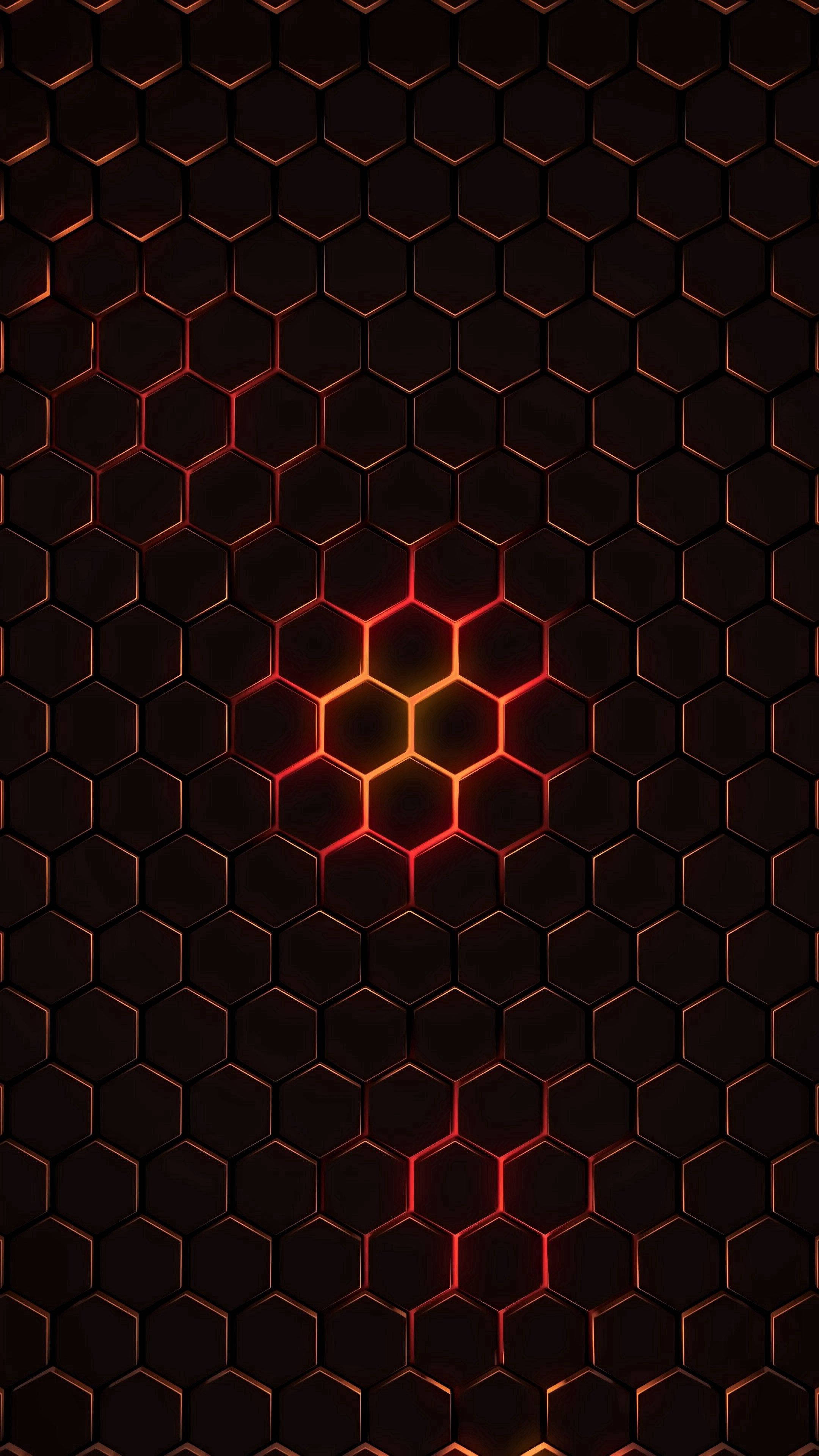 burning red hexagon tiles, dark hexagonal grid, fiery orange and red light, 4K Phone Wallpaper