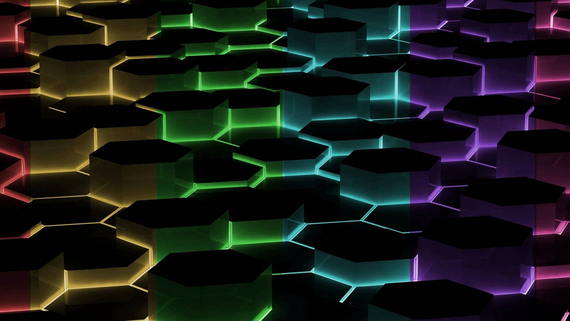 neon glowing hexagon pillars, futuristic hexagonal grid, glowing neon edges, Full HD Desktop Wallpaper