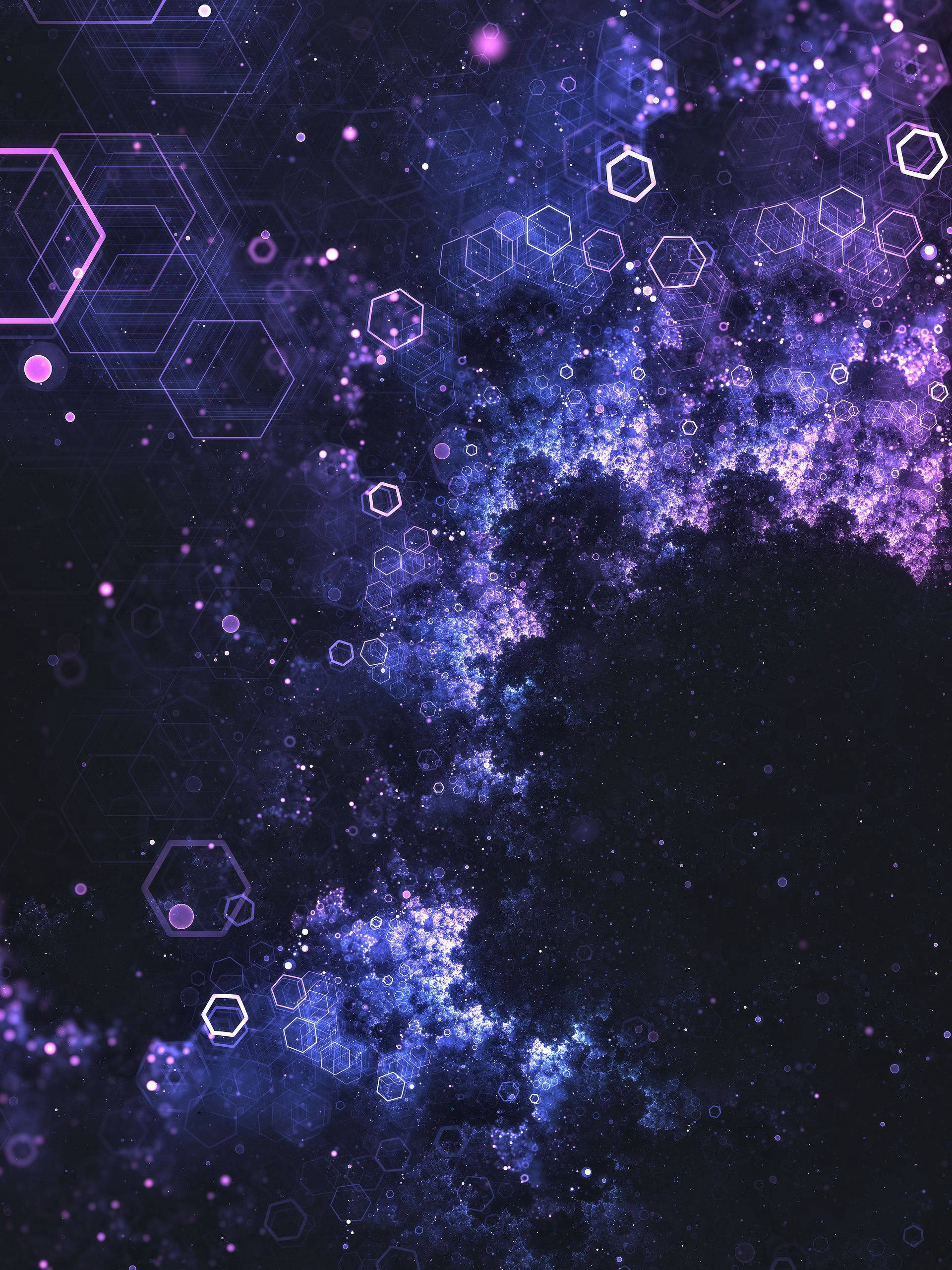 purple hexagon, glowing purple, blue fractals, 2K Phone Wallpaper