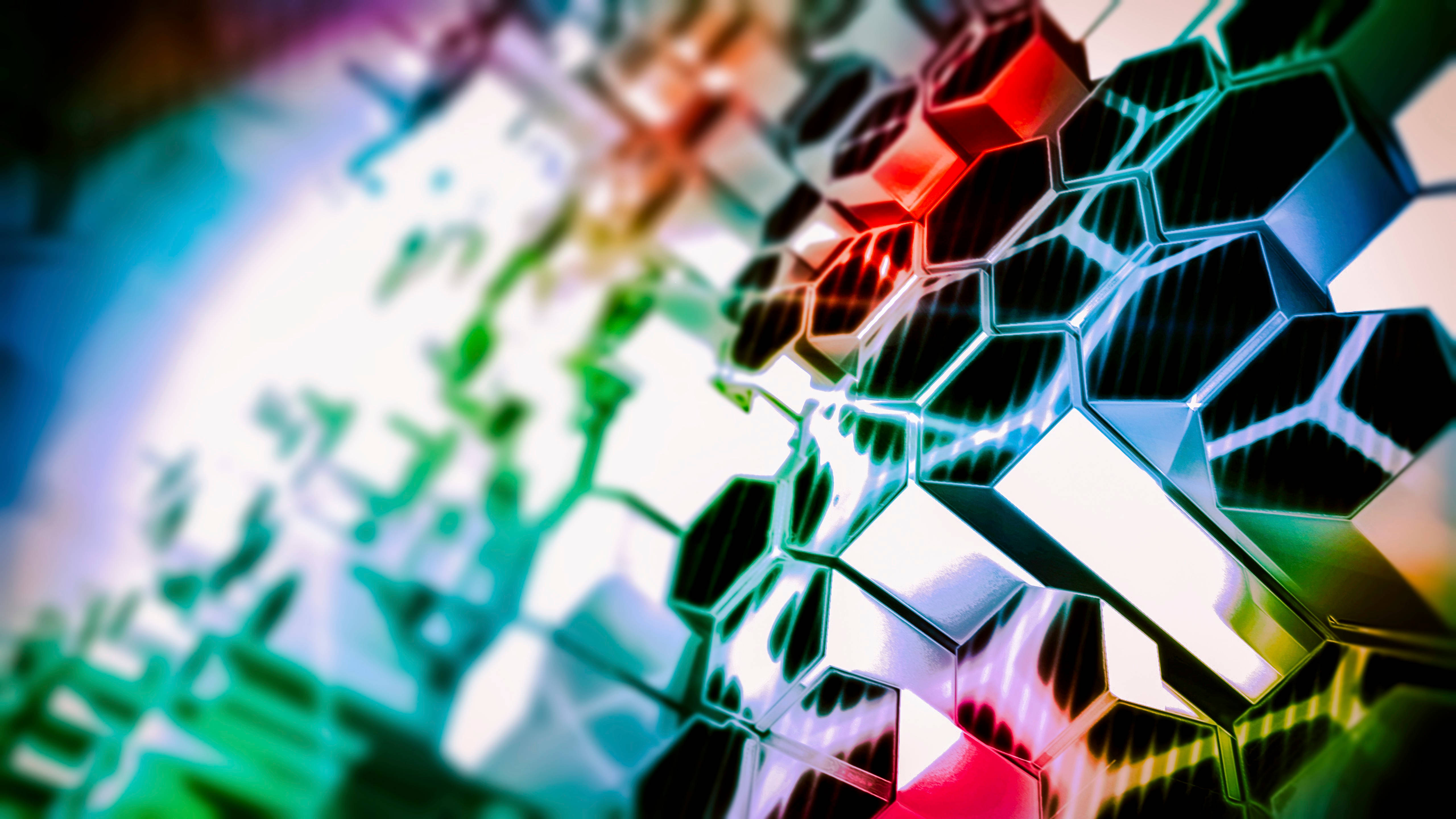 colourful metal hexagon tubes, neon red, neon green, 5K Desktop Wallpaper