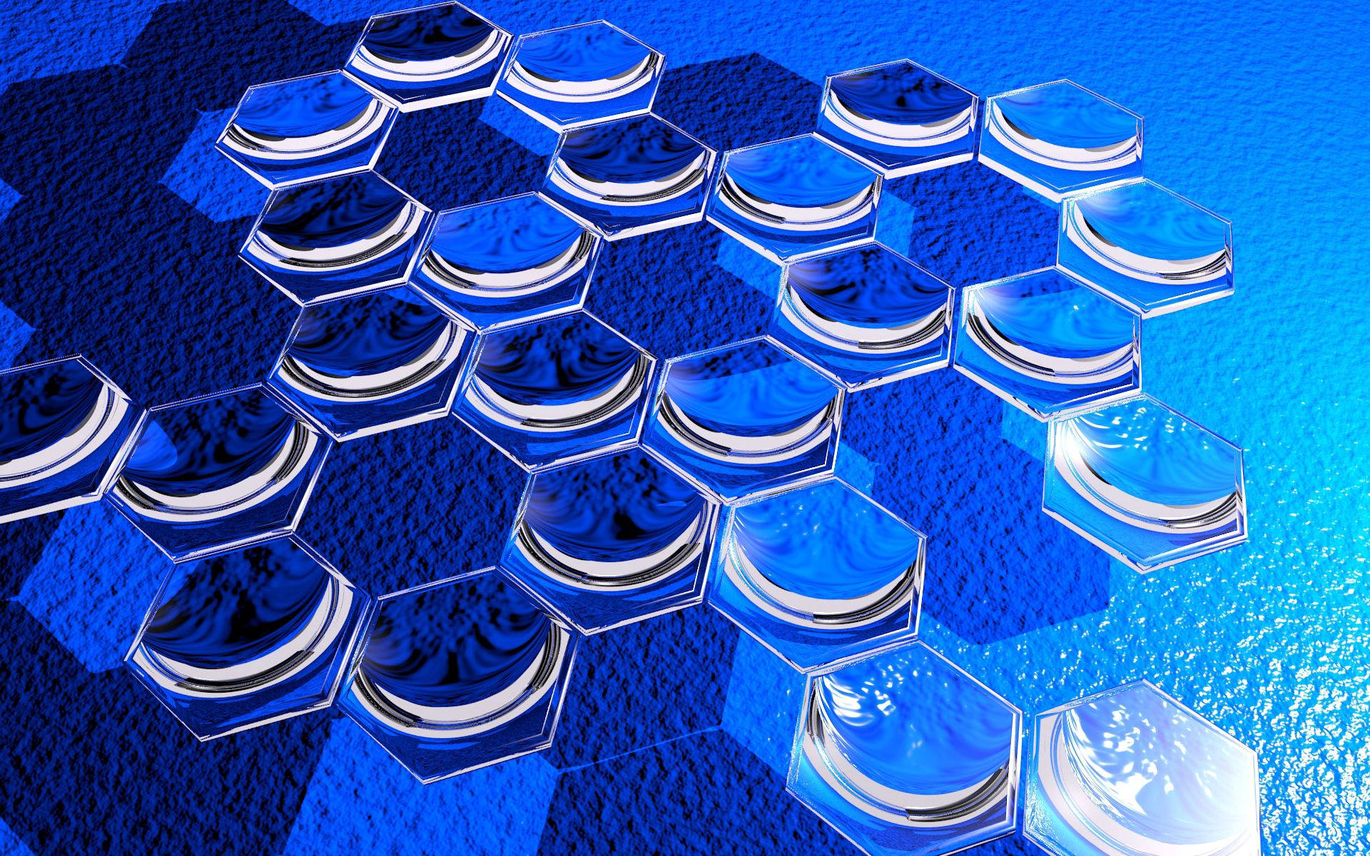 blue liquid metal, hexagonal tile pattern, glossy reflections, Full HD Desktop Wallpaper
