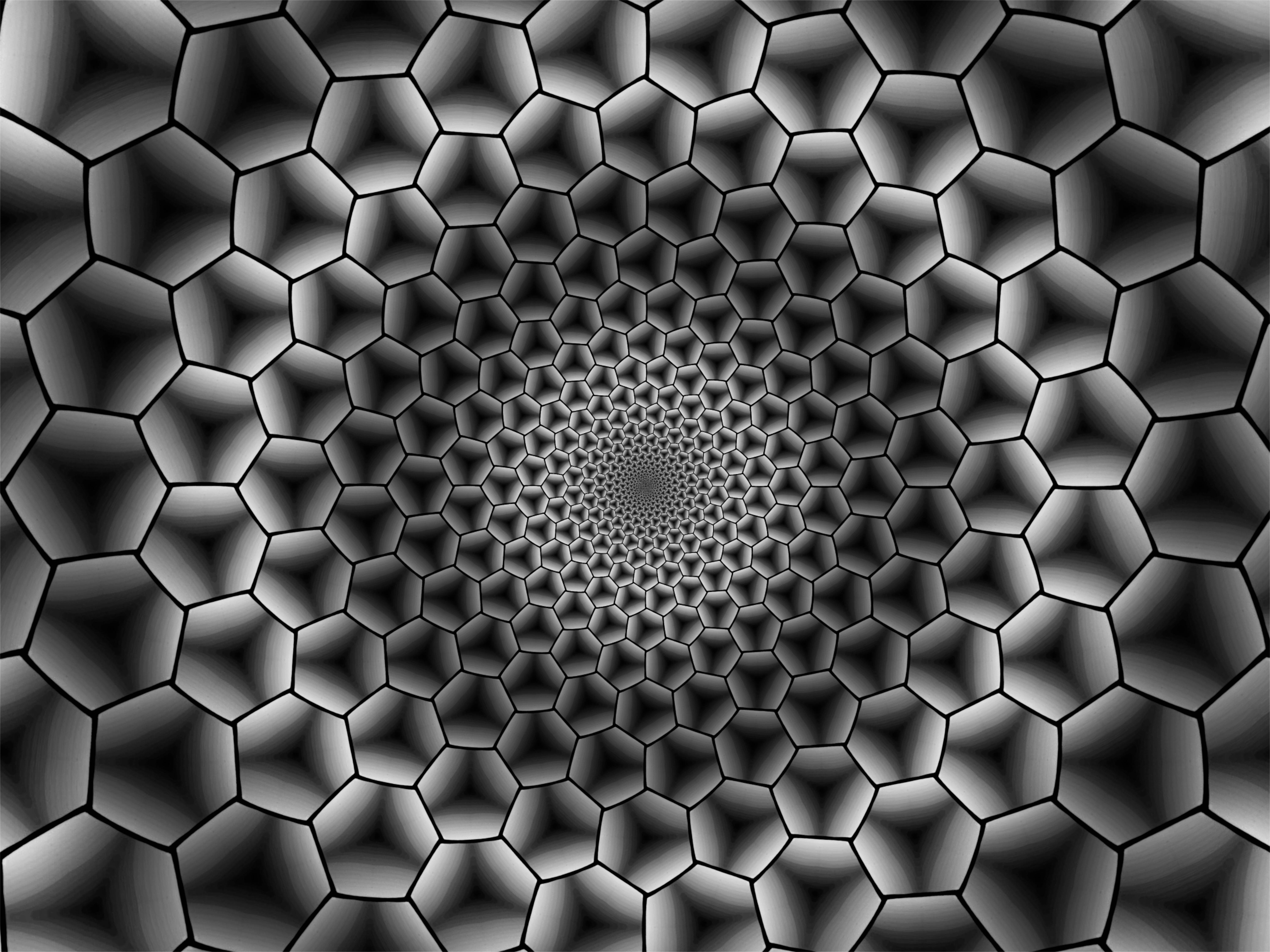 hexagonal pattern, black and white, deep tunnel illusion, 5K Desktop Wallpaper