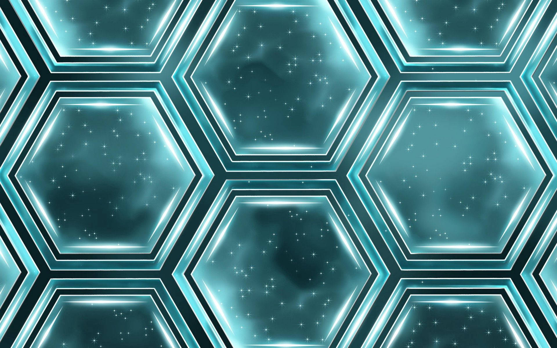 glowing cyan borders, futuristic hexagonal grid, starry cosmic scenes, Full HD Desktop Wallpaper