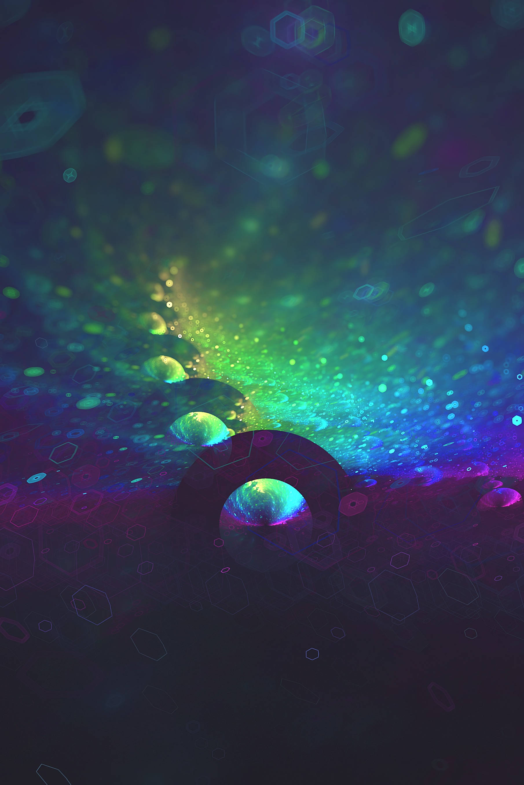 Hexagon, neon coloured glitters, glowing green and blue particles, 2K Phone Wallpaper