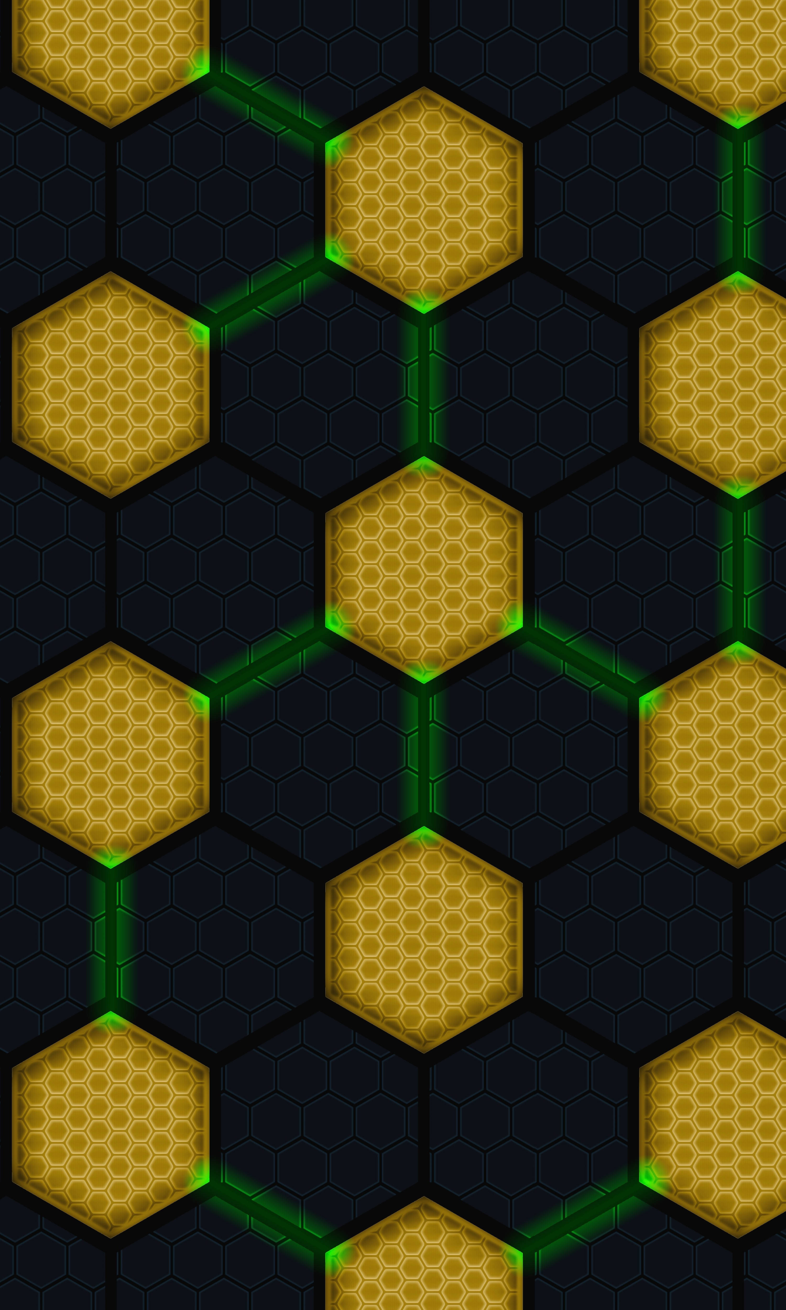 yellow hexagon chain, golden hexagonal panels, glowing green edges, 4K Phone Wallpaper