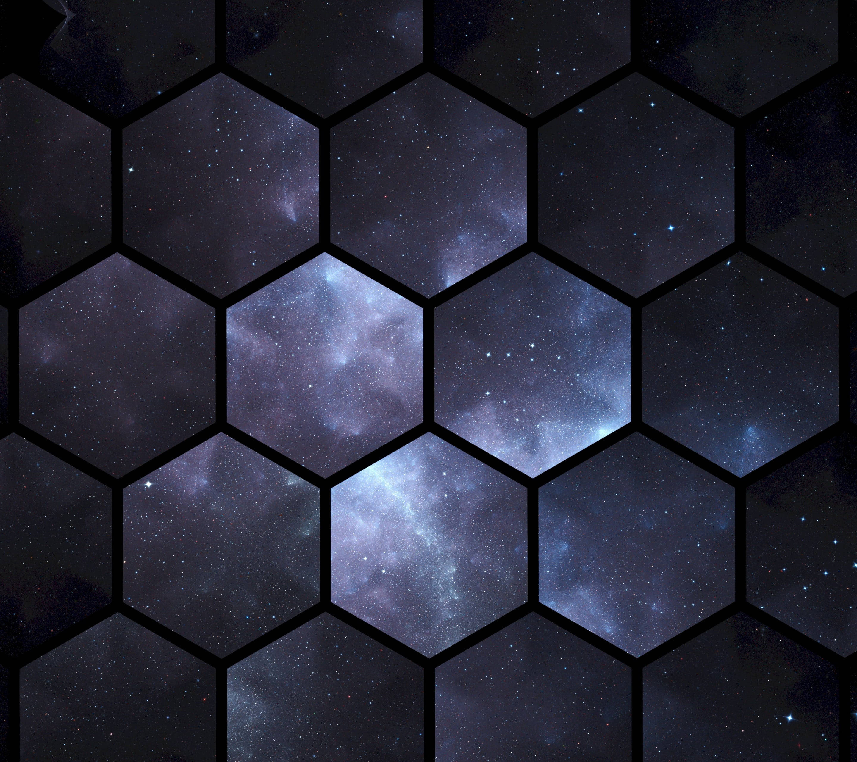 Hexagon, starry cosmic sky, glowing nebulae, 2K Desktop Wallpaper