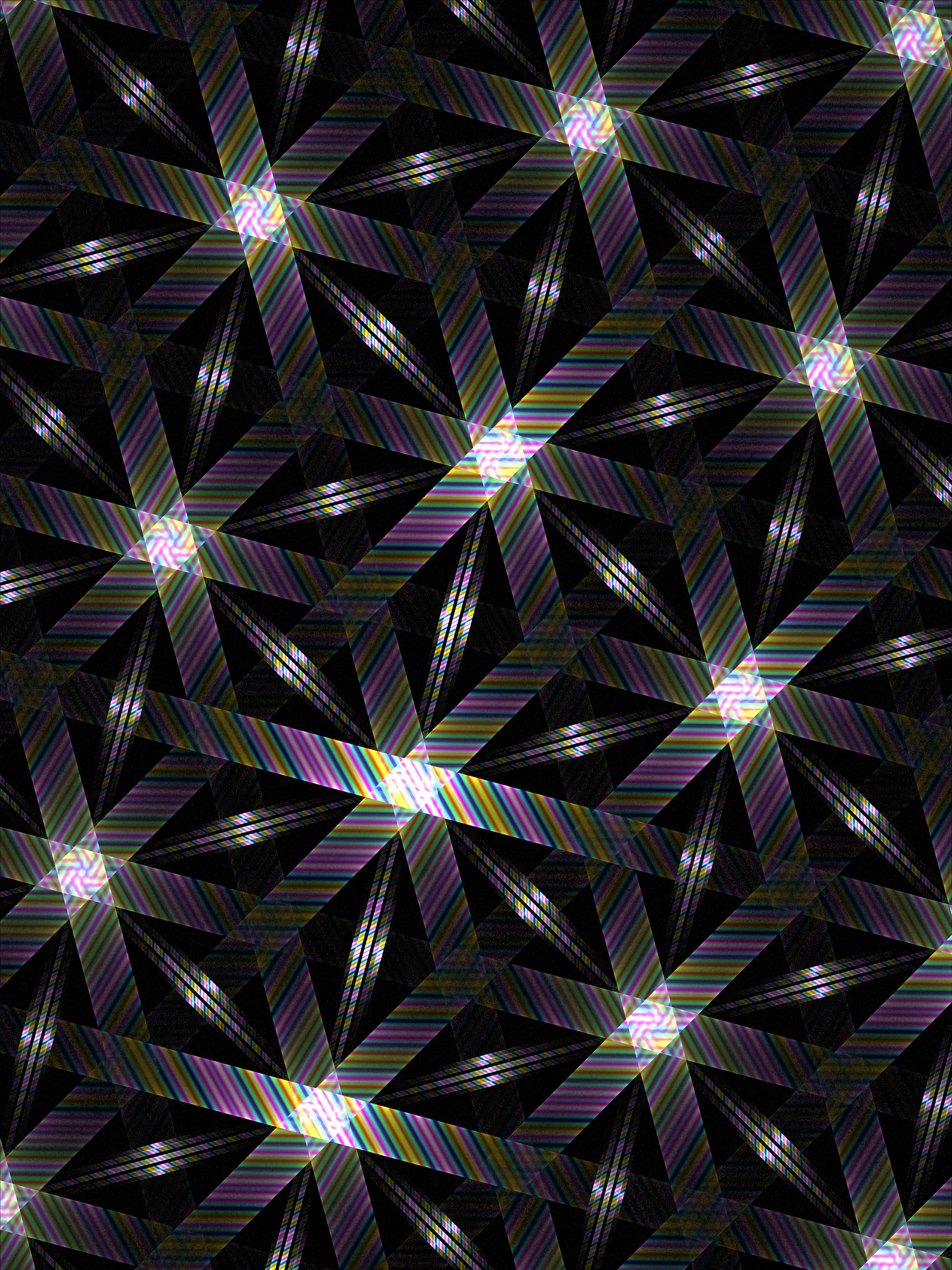 dark intersecting hexagon, interlocking triangles, iridescent rainbow stripes, 5K Phone Wallpaper