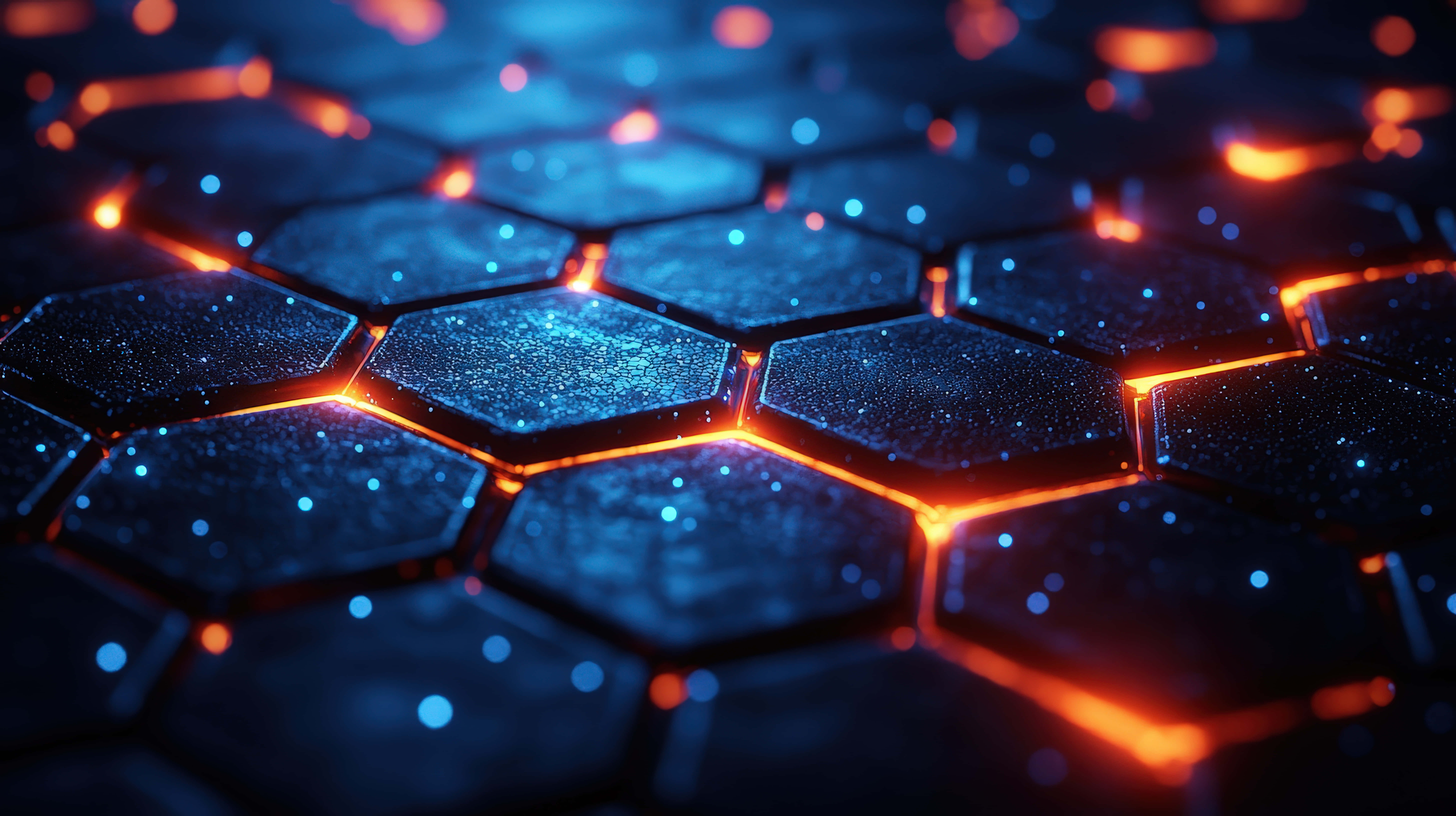 hexagonal metallic tiles, cracks glowing in orange lava light, blue speckles, 8K Desktop Wallpaper