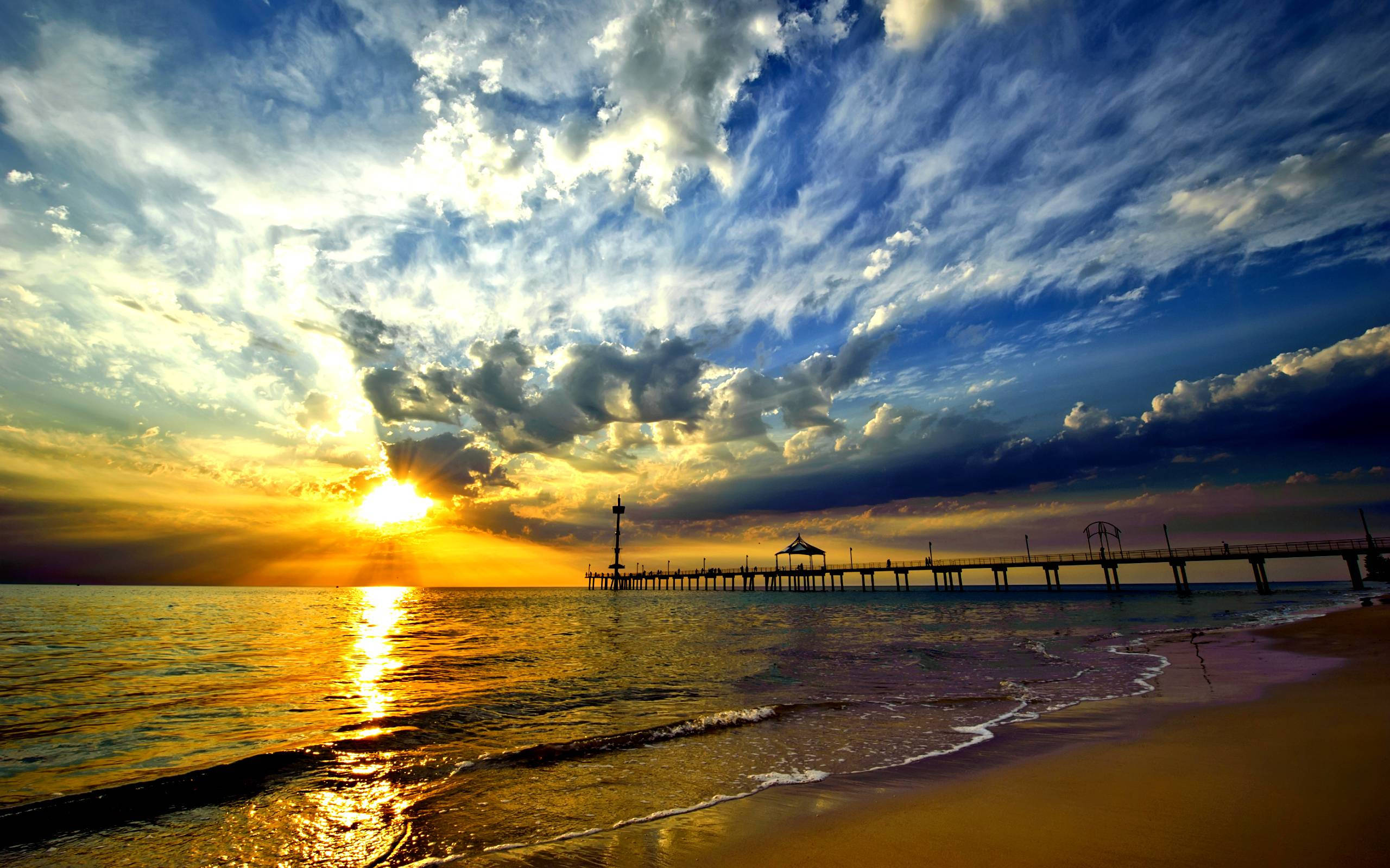 sunset, beach, long pier, 2K Desktop Wallpaper