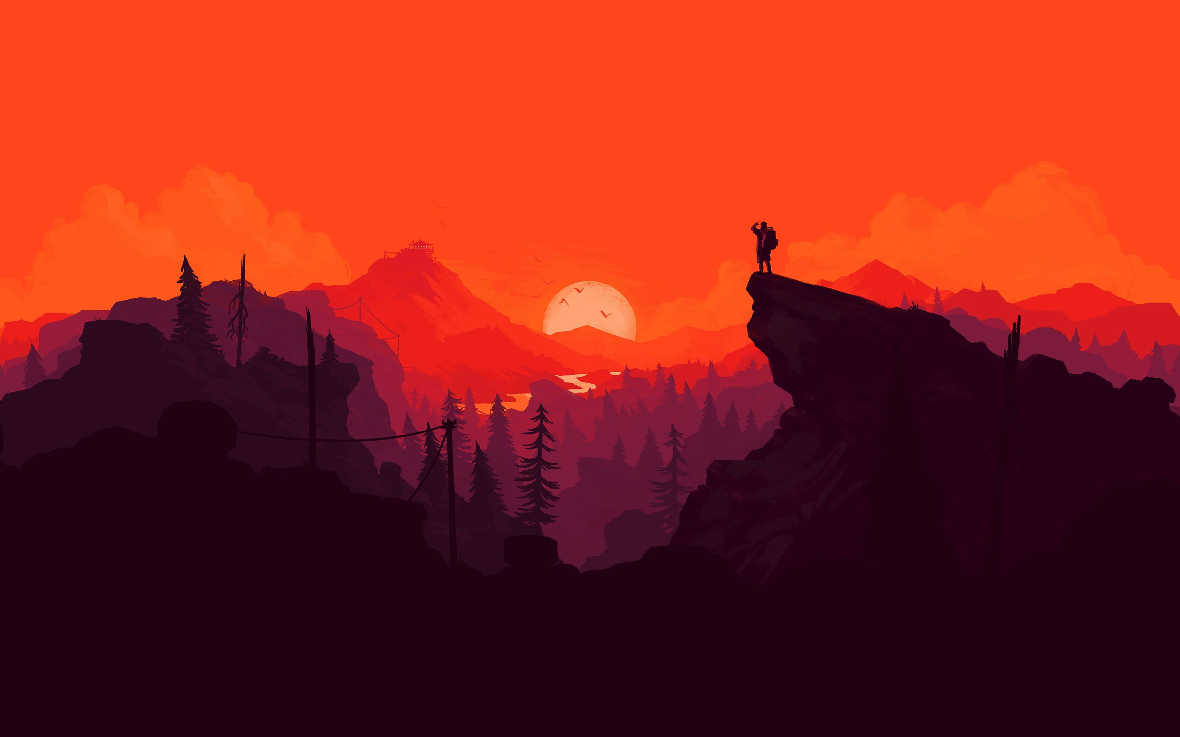 minimalist sky, fiery orange sunset, cliff, 4K Desktop Wallpaper