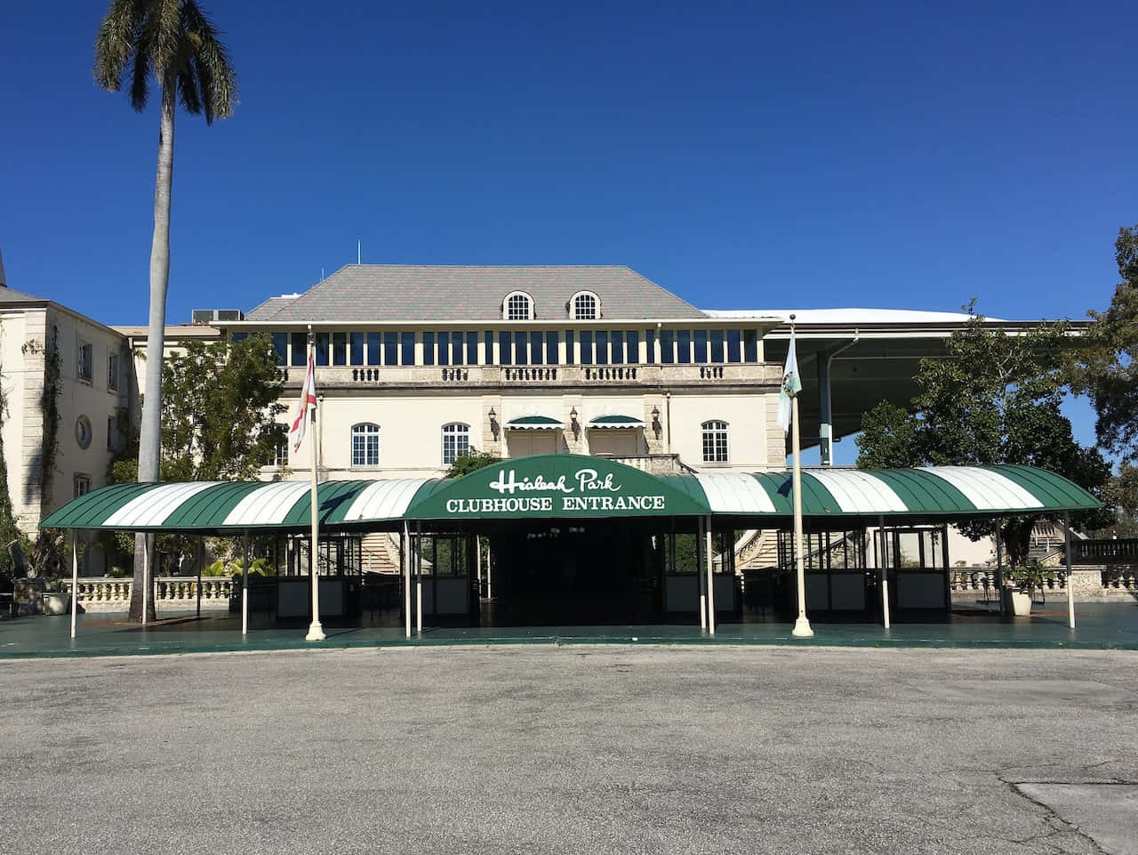 Hialeah, white clubhouse, green striped awnings, HD Desktop Wallpaper